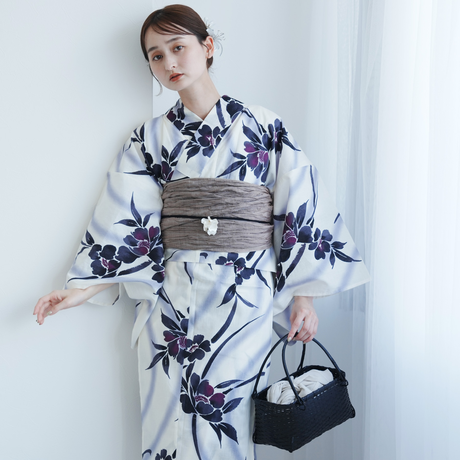 【新品】【限定品】maru×utatane 浴衣３点セット(浴衣、兵児帯、下駄) maru × utatane 浴衣3点セット (浴衣/帯/下駄）ほぐし麻の葉と