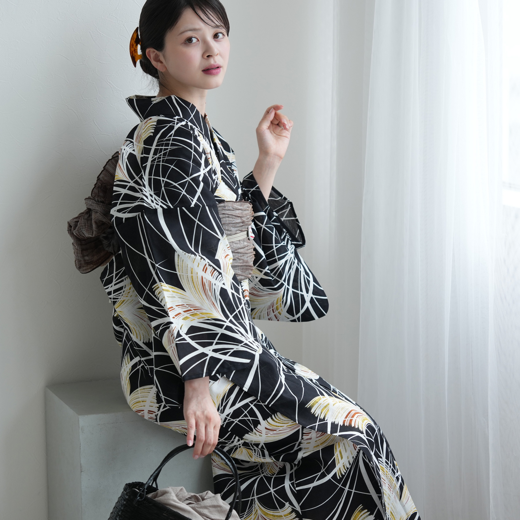 utatane 浴衣 レディース セット 高級変わり織 浴衣3点セット 黒ミント