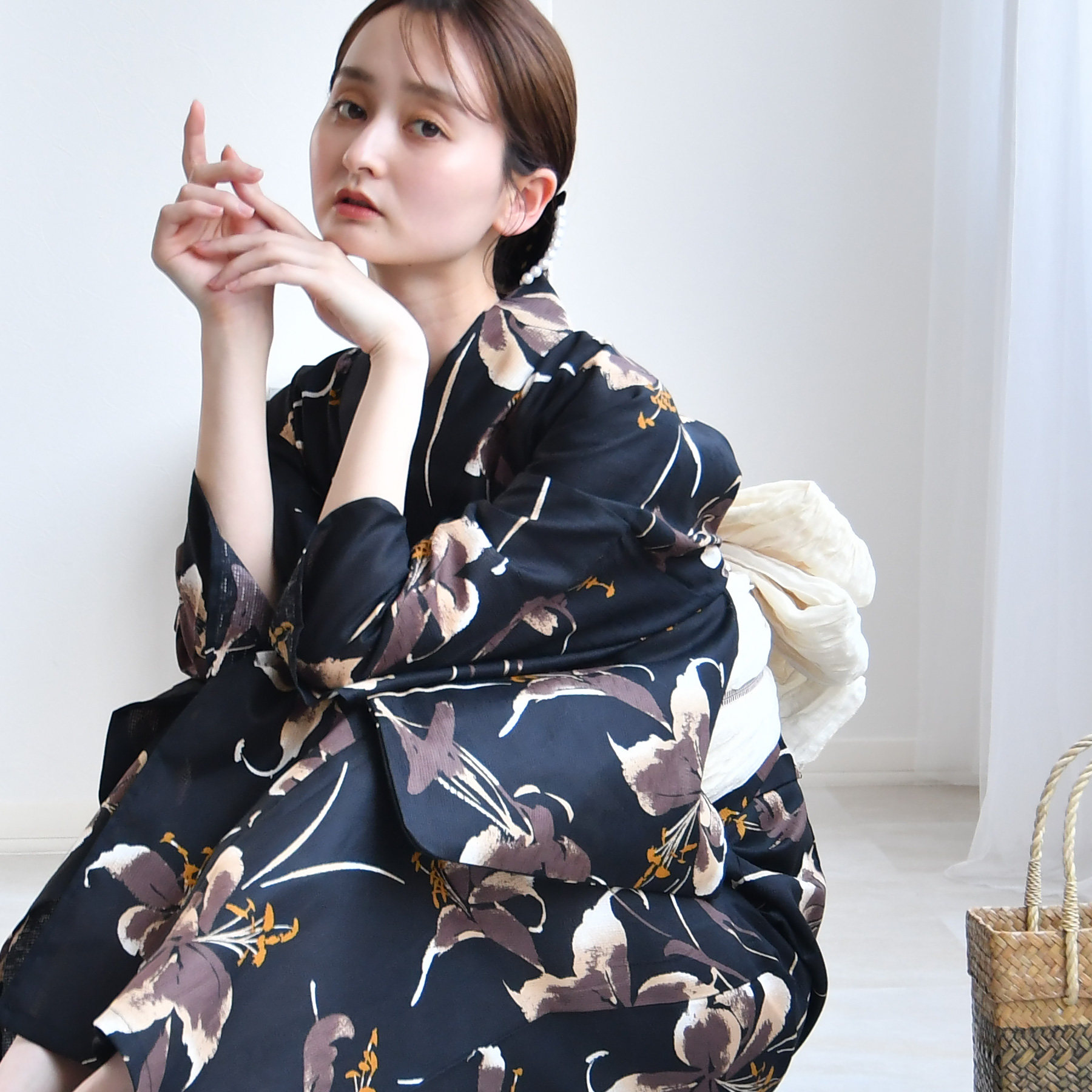 maru × utatane 浴衣3点セット (浴衣/帯/下駄）ほぐし麻の葉としだれ藤