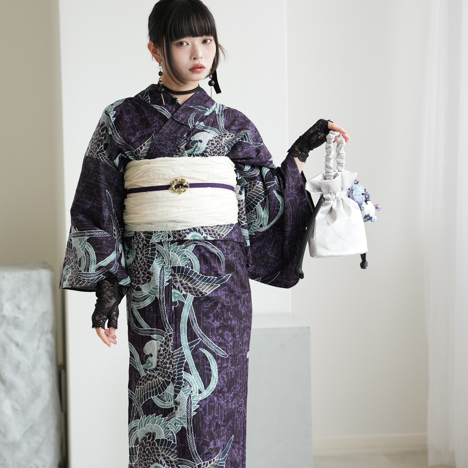 浴衣 セット レディース utatane 綿麻 高級変わり織 フリーサイズ 3点