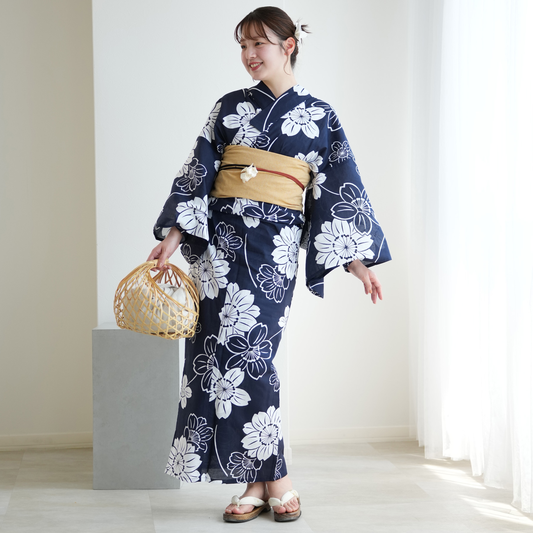 浴衣 レディース セット 浴衣+作り帯2点セット 紺地に大きな