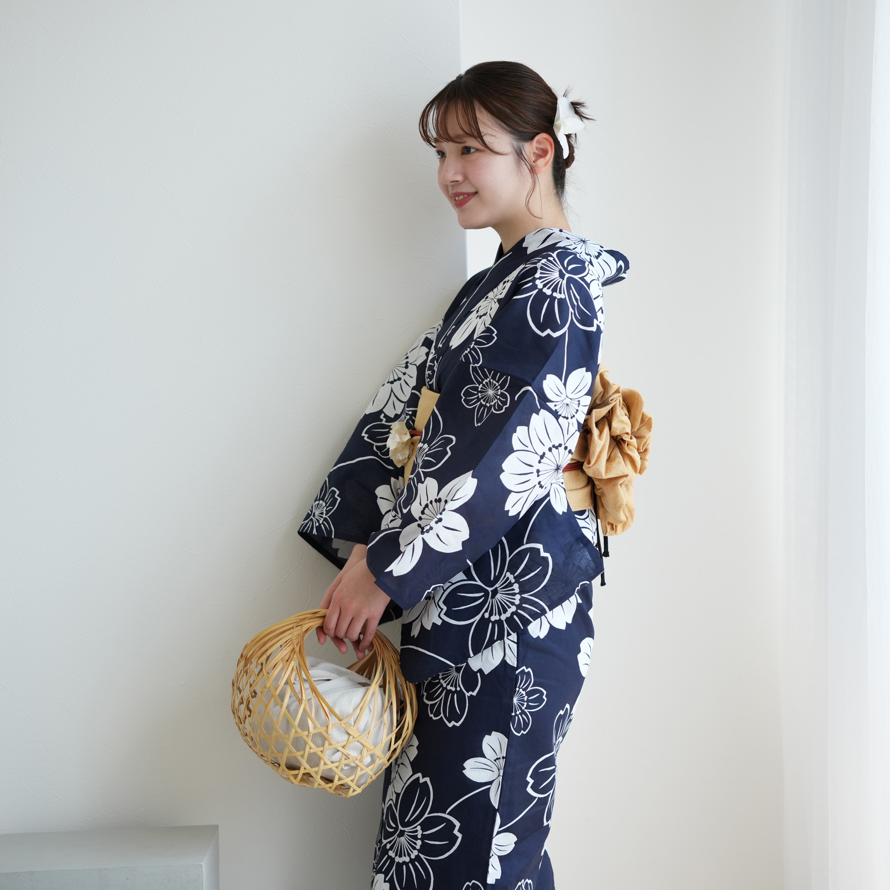 浴衣 レディース セット 浴衣+作り帯2点セット 紺地に大きな
