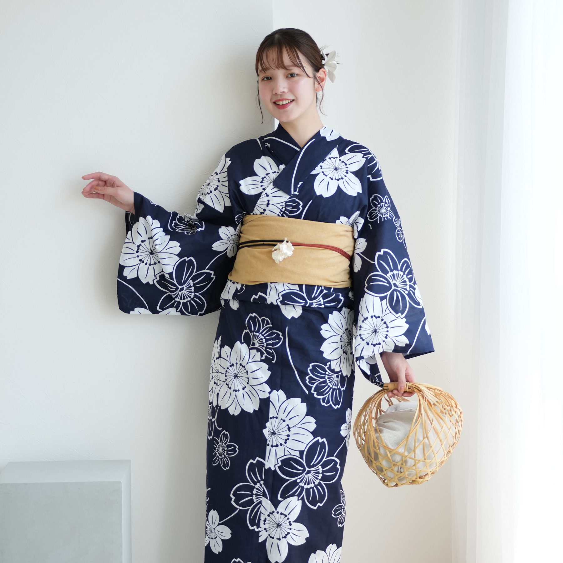浴衣 レディース セット 浴衣+作り帯2点セット 紺地に大きな