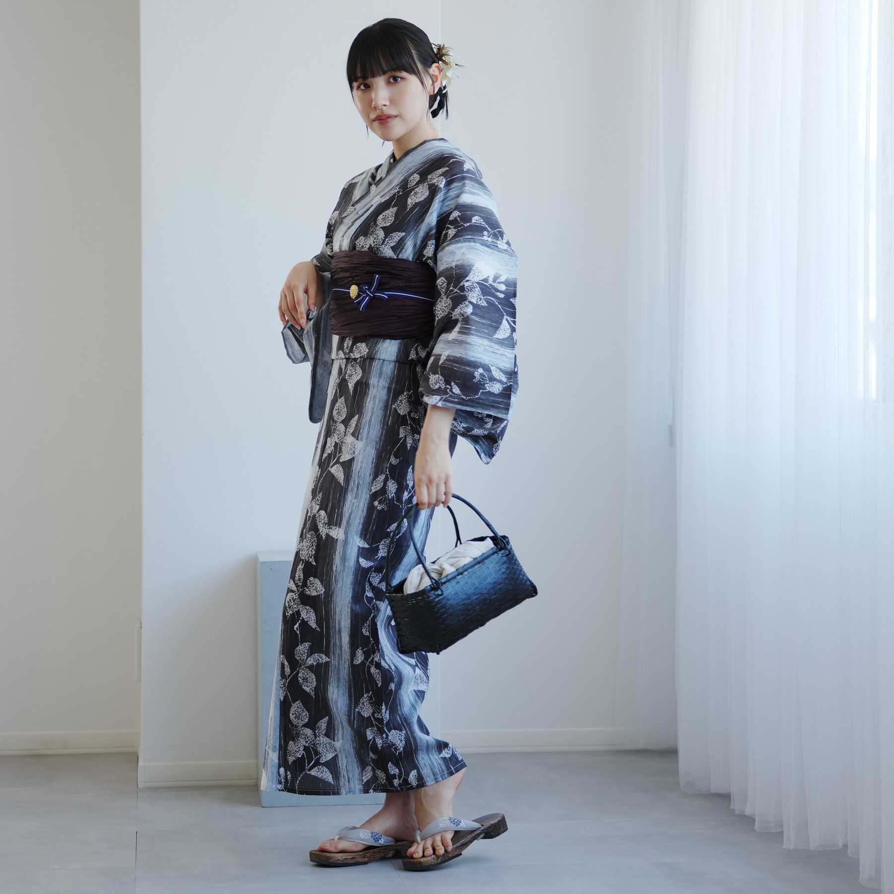 浴衣 レディース セット 高級変わり織 浴衣2点セット 墨と灰青ぼかし縞