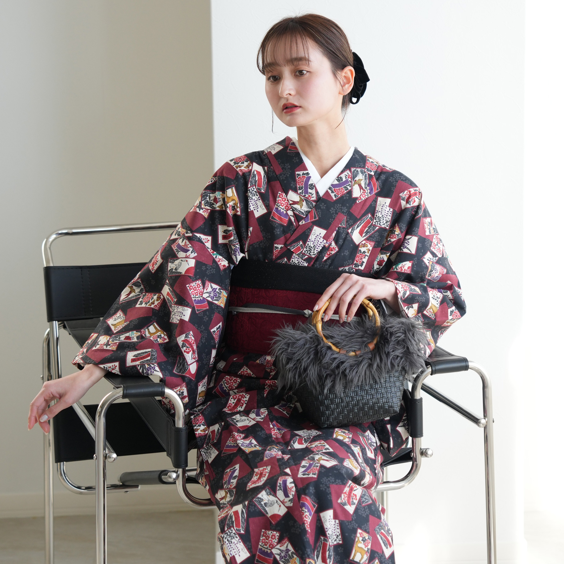 着物 レディース ニコアンティーク 花札 ブラック 洗える着物 単