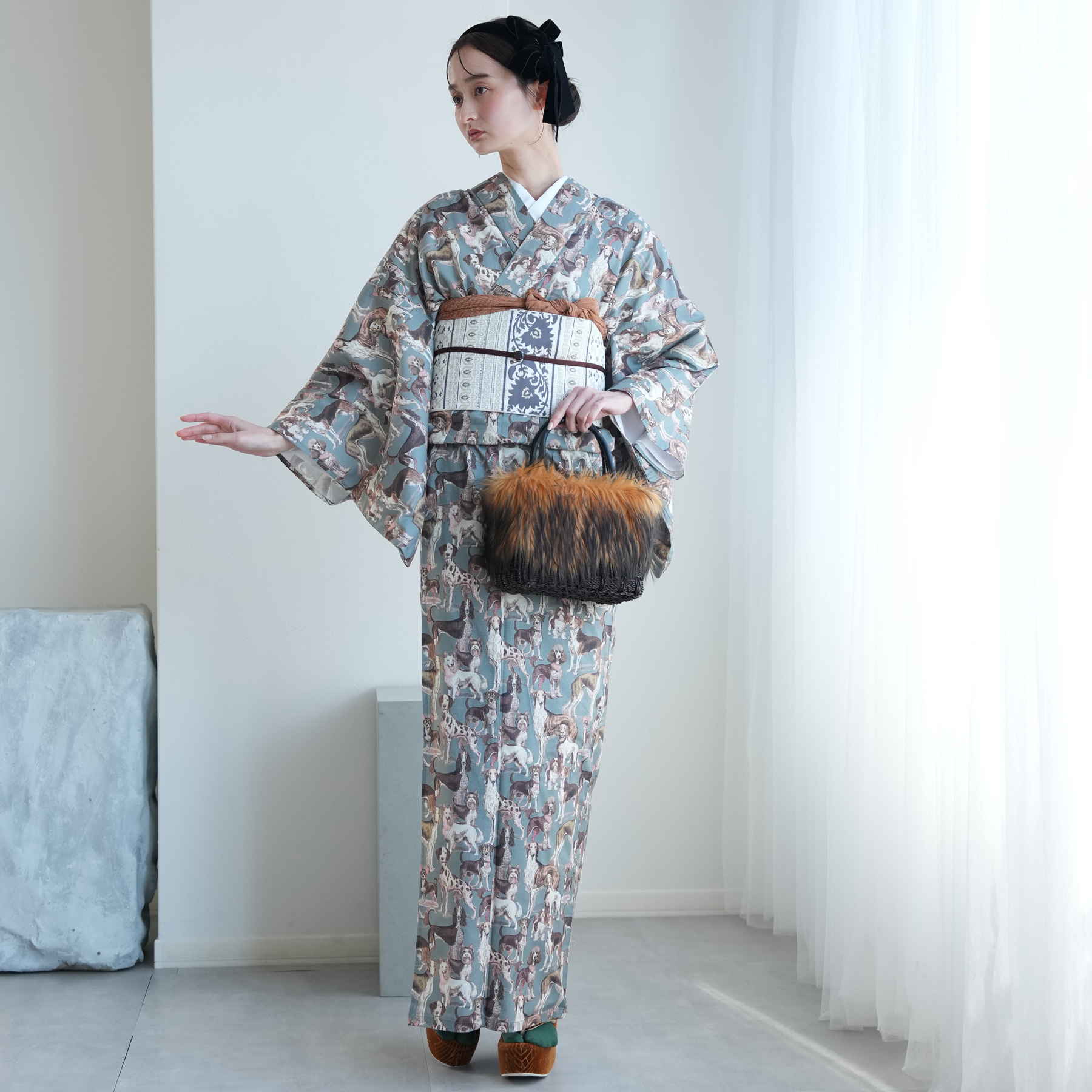 着物 単衣 レディース 洗える着物 単品 ニコアンティーク ドッグ