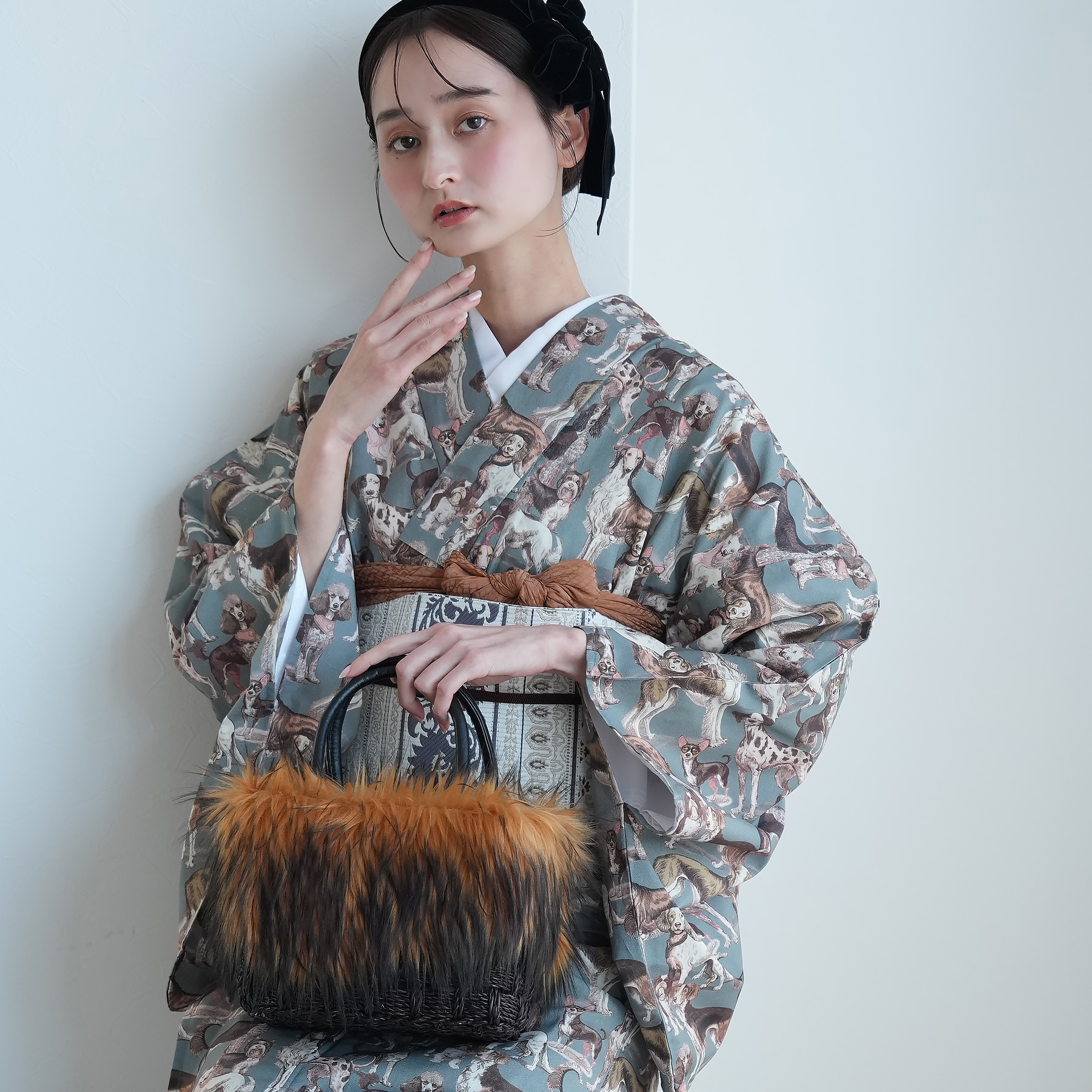 着物 単衣 レディース 洗える着物 単品 ニコアンティーク ドッグ