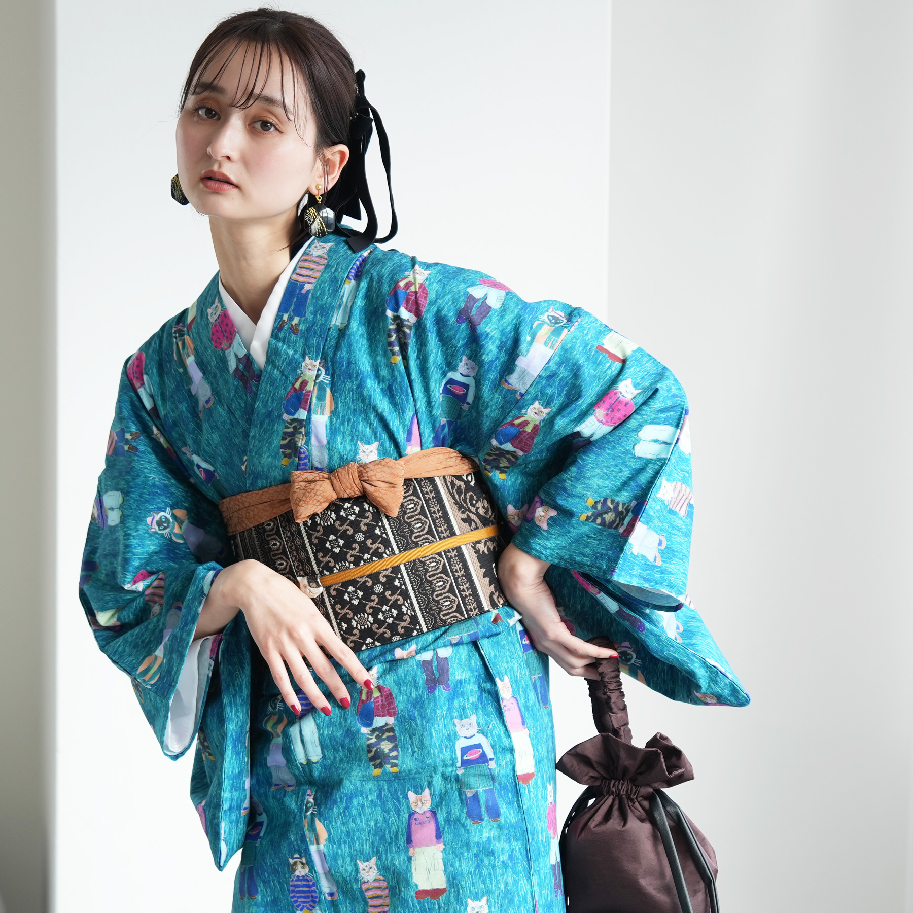 【USED】猫と時計のスチームパンク風 洗える着物 Lサイズ USED】猫と時計のスチームパンク風 洗える着物 Lサイズ