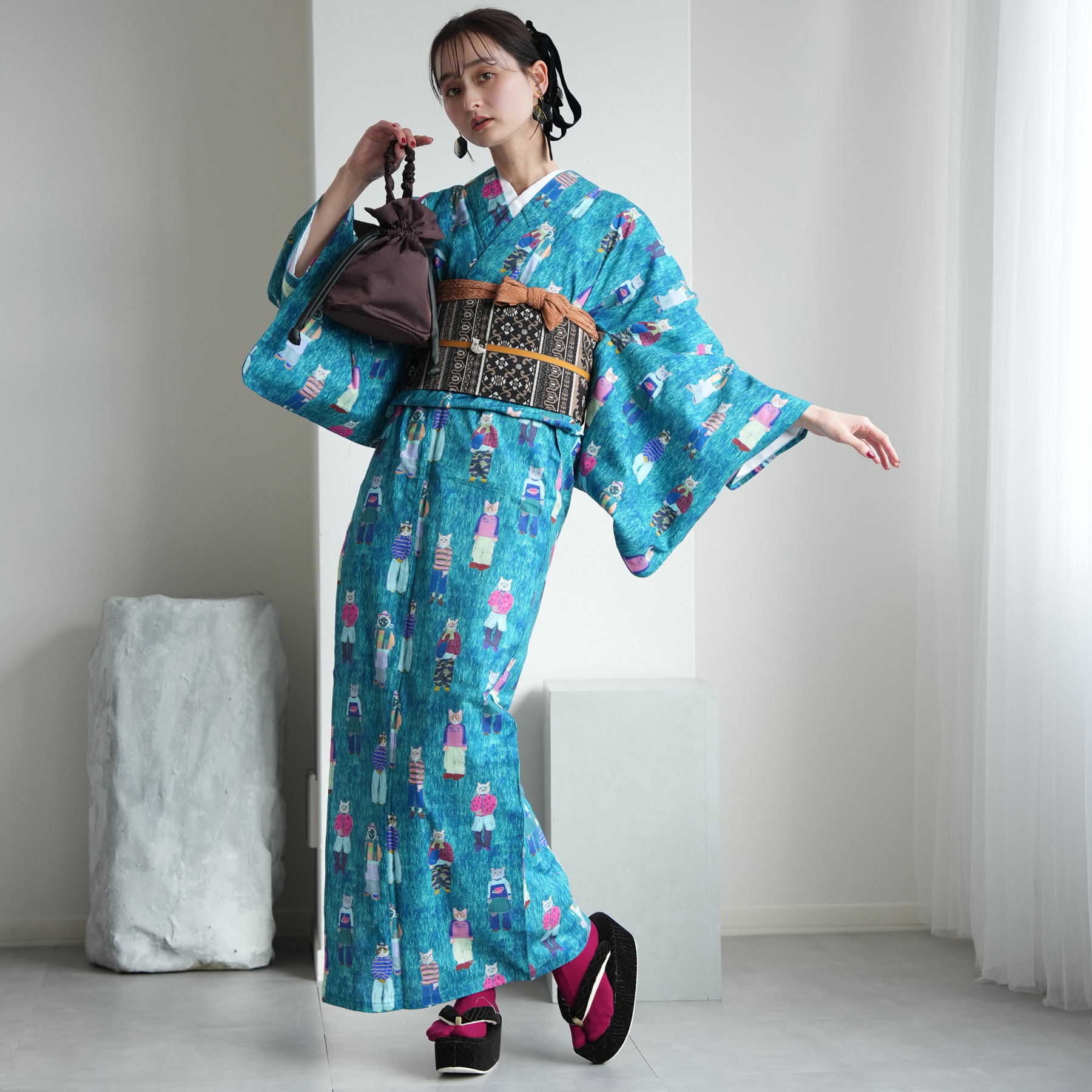 着物 単衣 レディース 洗える着物 ひとえ 単品 ニコアンティーク cat