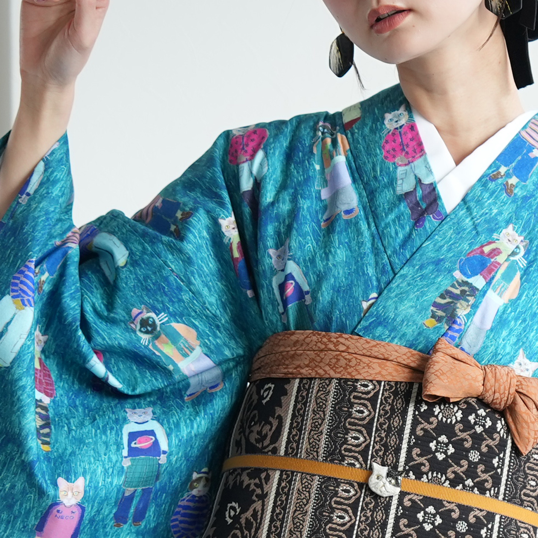 着物 単衣 レディース 洗える着物 ひとえ 単品 ニコアンティーク cat