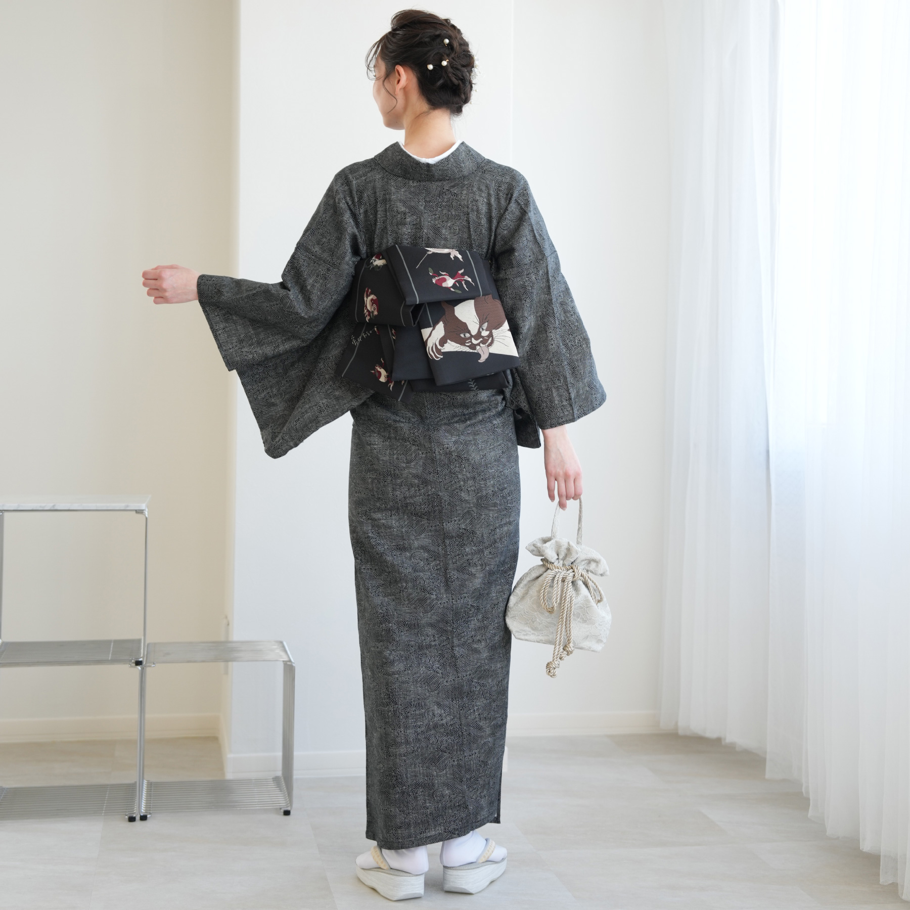 着物 洗える 単衣 ニコアンティーク 着物＋帯 2点セット 黒の青海波に