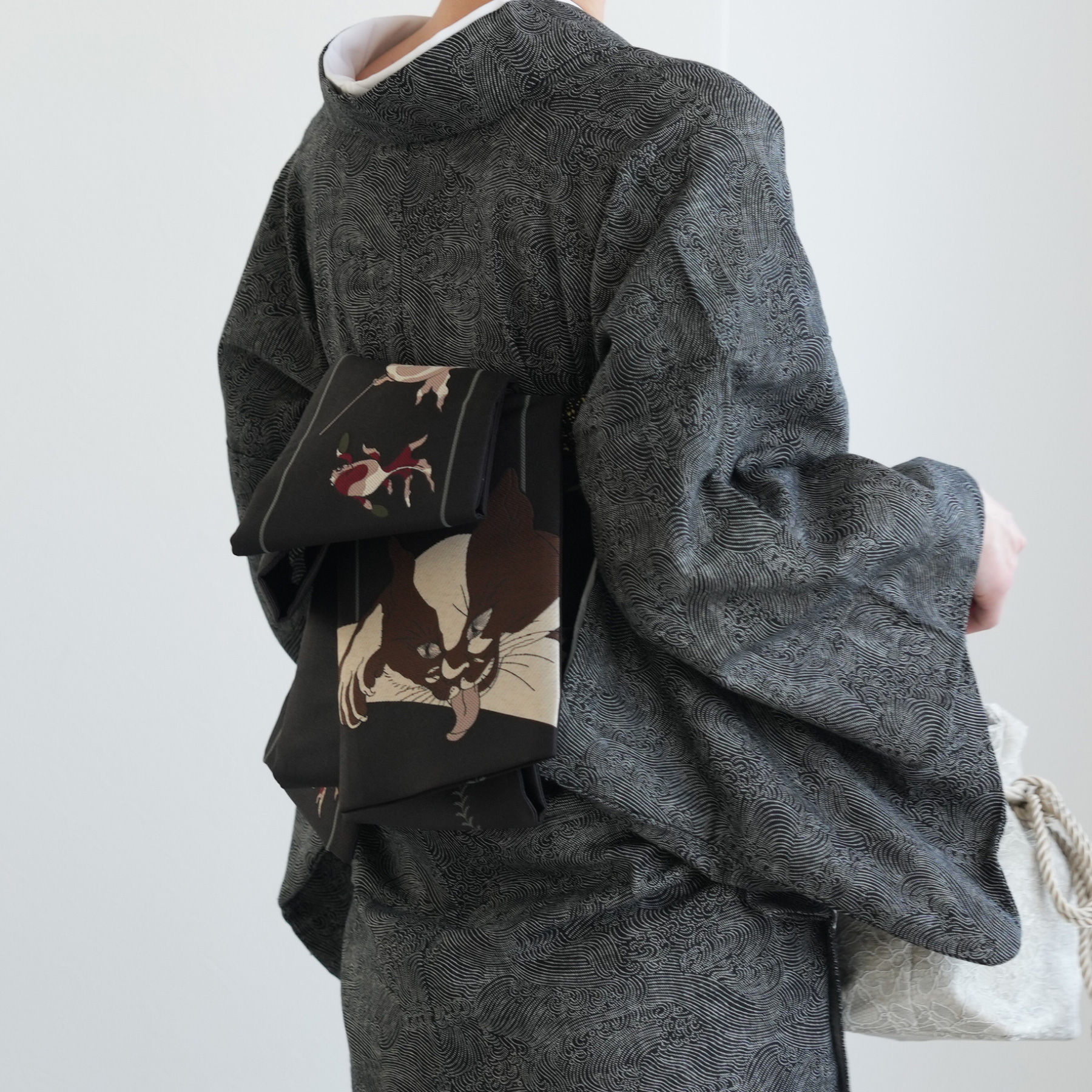 着物 洗える 単衣 ニコアンティーク 着物＋帯 2点セット 黒の青海波に