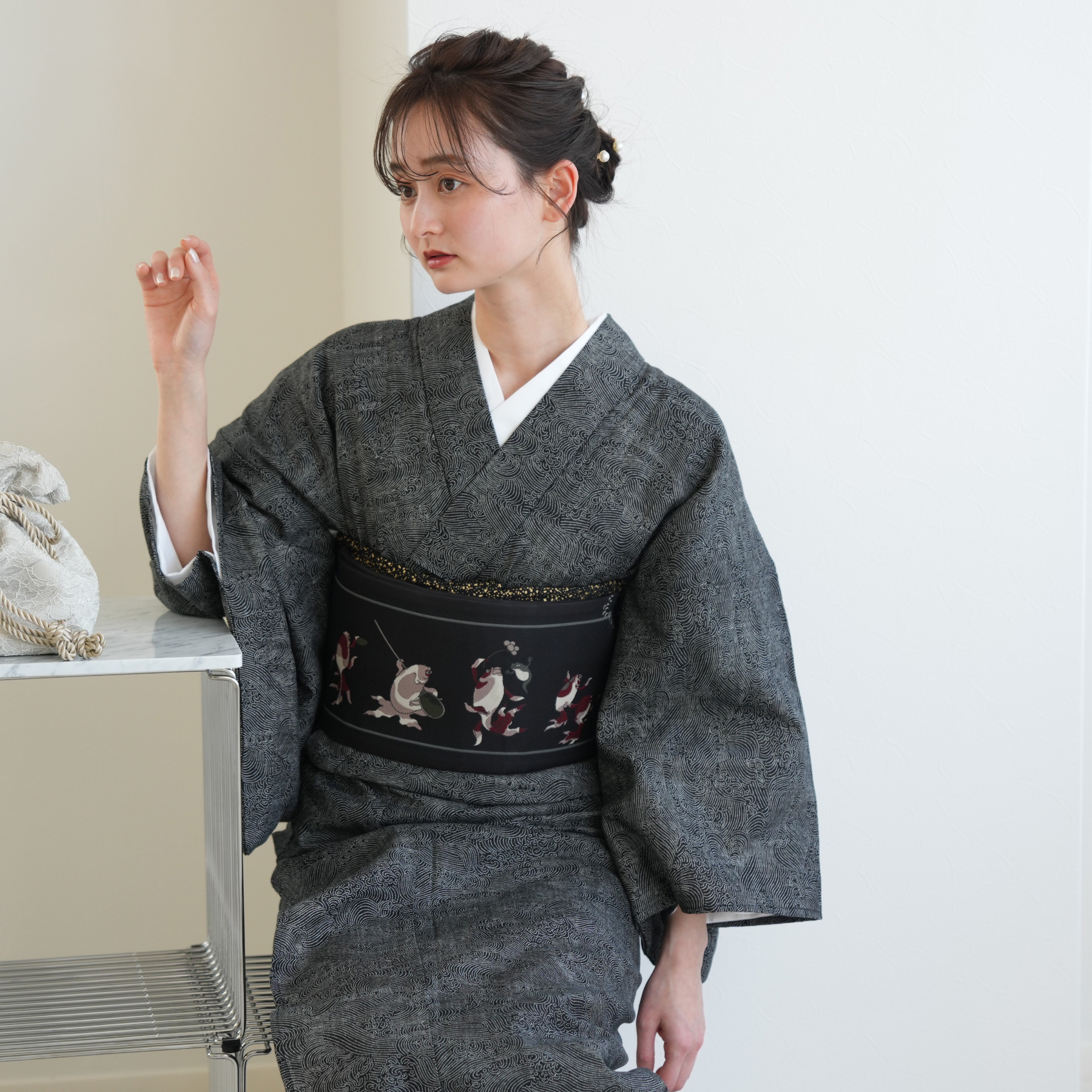 着物 洗える 単衣 ニコアンティーク 着物＋帯 2点セット 黒の青海波に