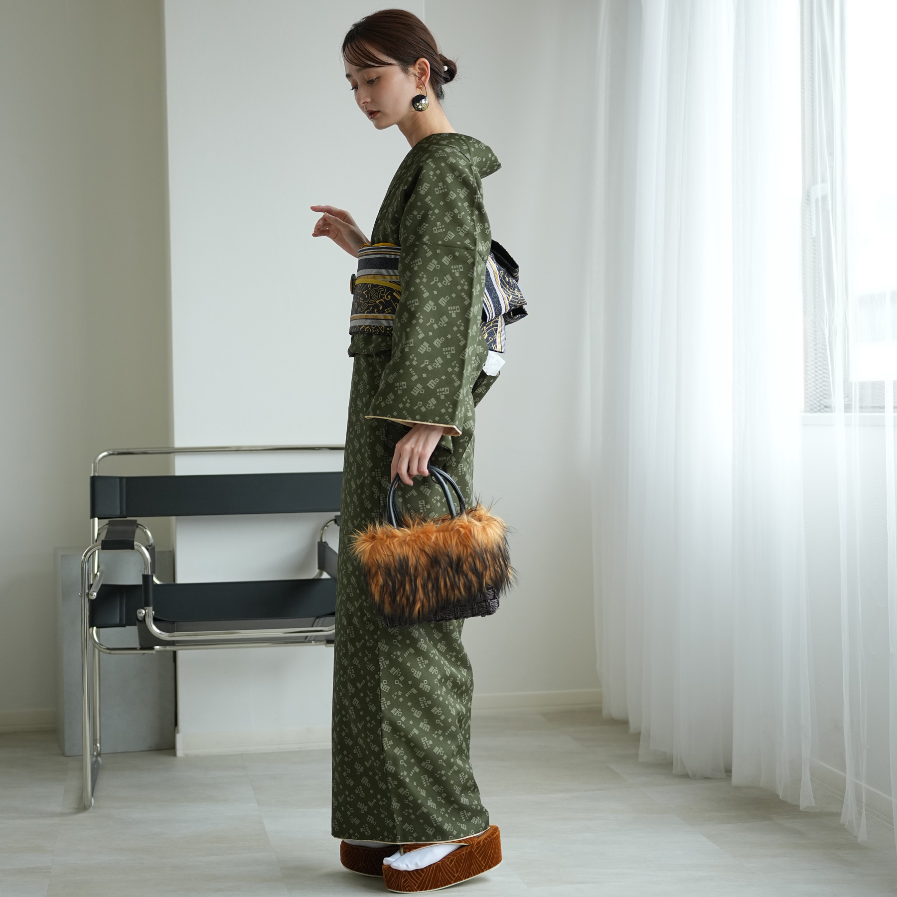 付下げ＊袷 小さめ 番傘模様 普段着物 緑 正絹 街着やお稽古着＊3SG18 着物 袷着物 緑の源氏香柄 洗える着物 きもの単品 街着 秋 冬