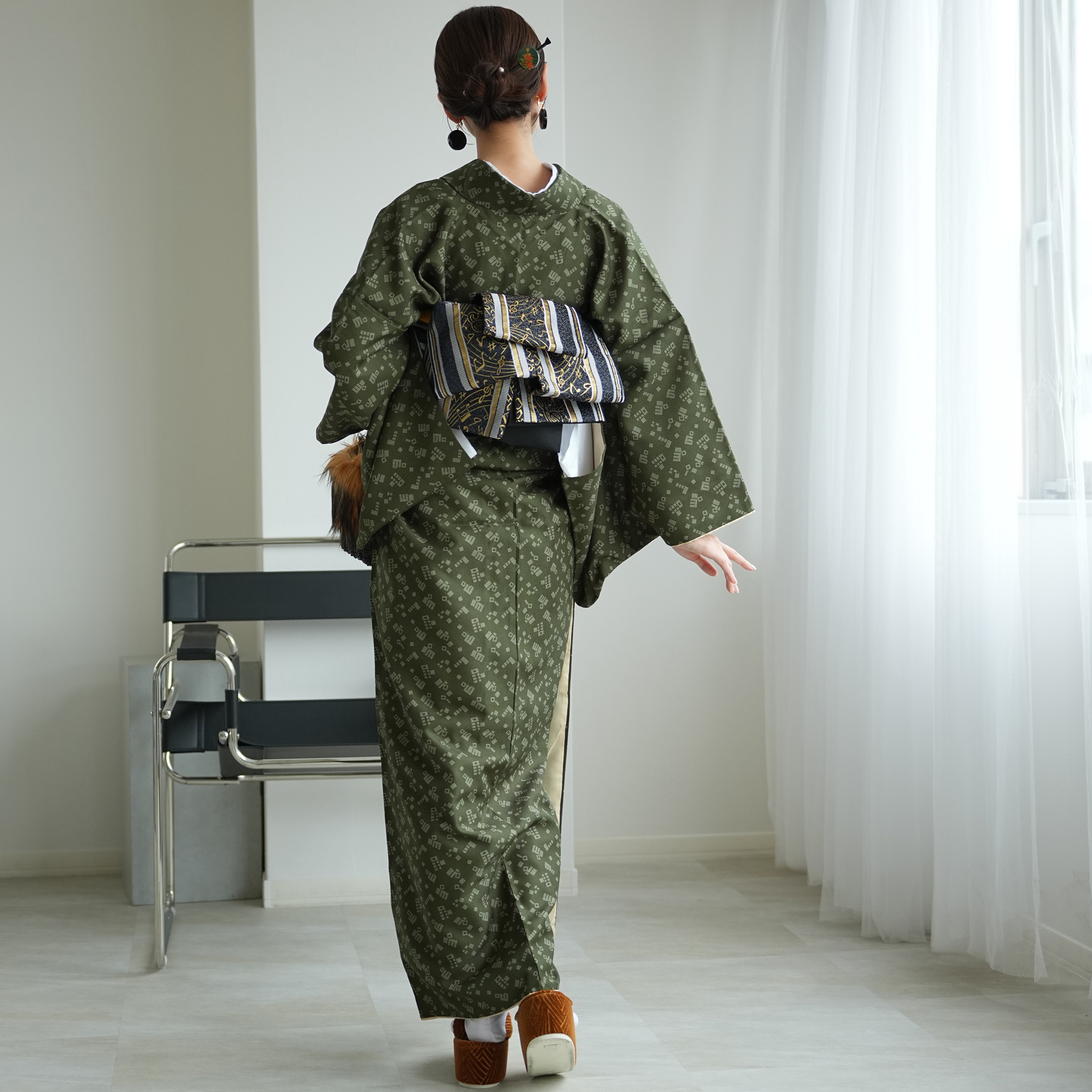 付下げ＊袷 小さめ 番傘模様 普段着物 緑 正絹 街着やお稽古着＊3SG18 着物 袷着物 緑の源氏香柄 洗える着物 きもの単品 街着 秋 冬