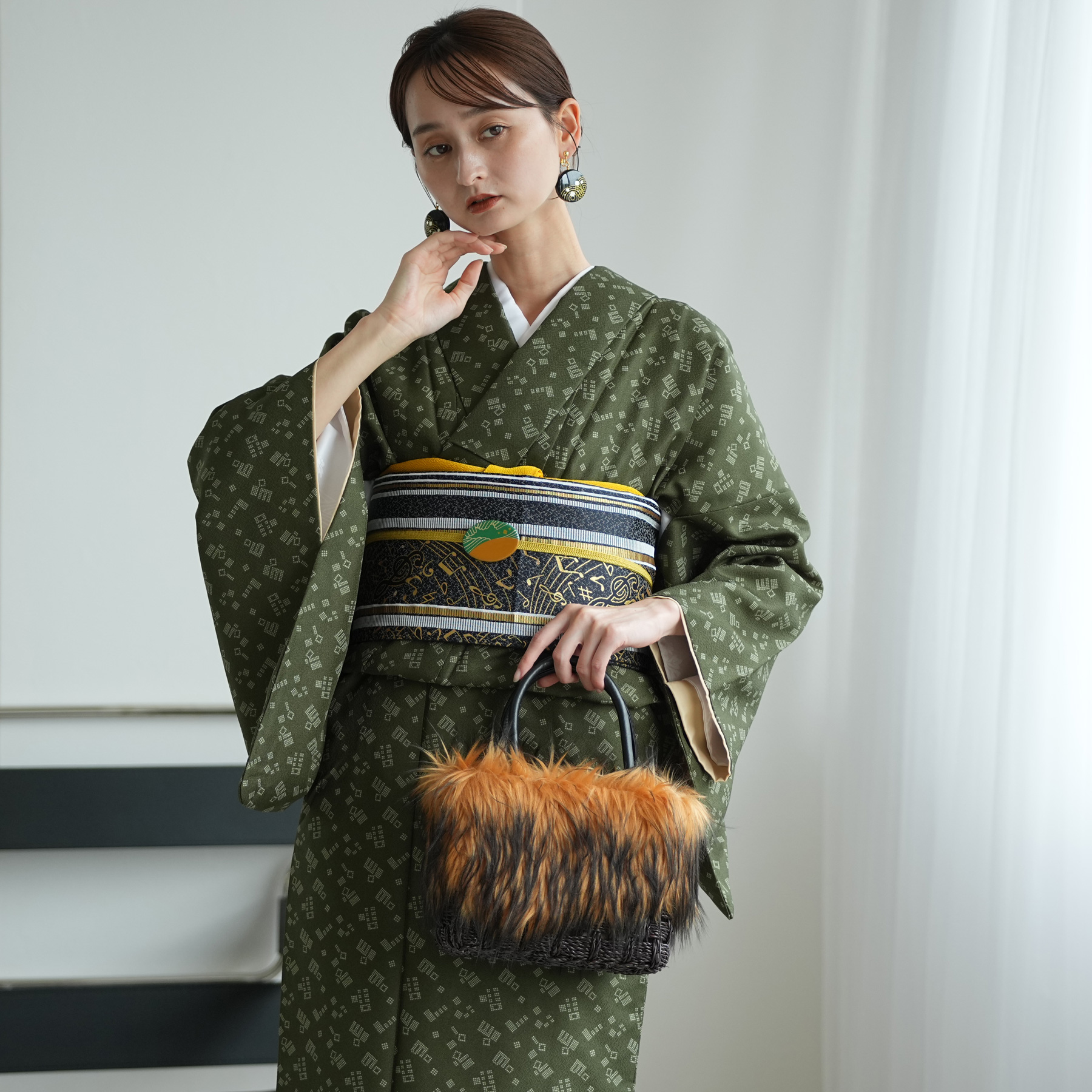 付下げ＊袷 小さめ 番傘模様 普段着物 緑 正絹 街着やお稽古着＊3SG18 着物 袷着物 緑の源氏香柄 洗える着物 きもの単品 街着 秋 冬