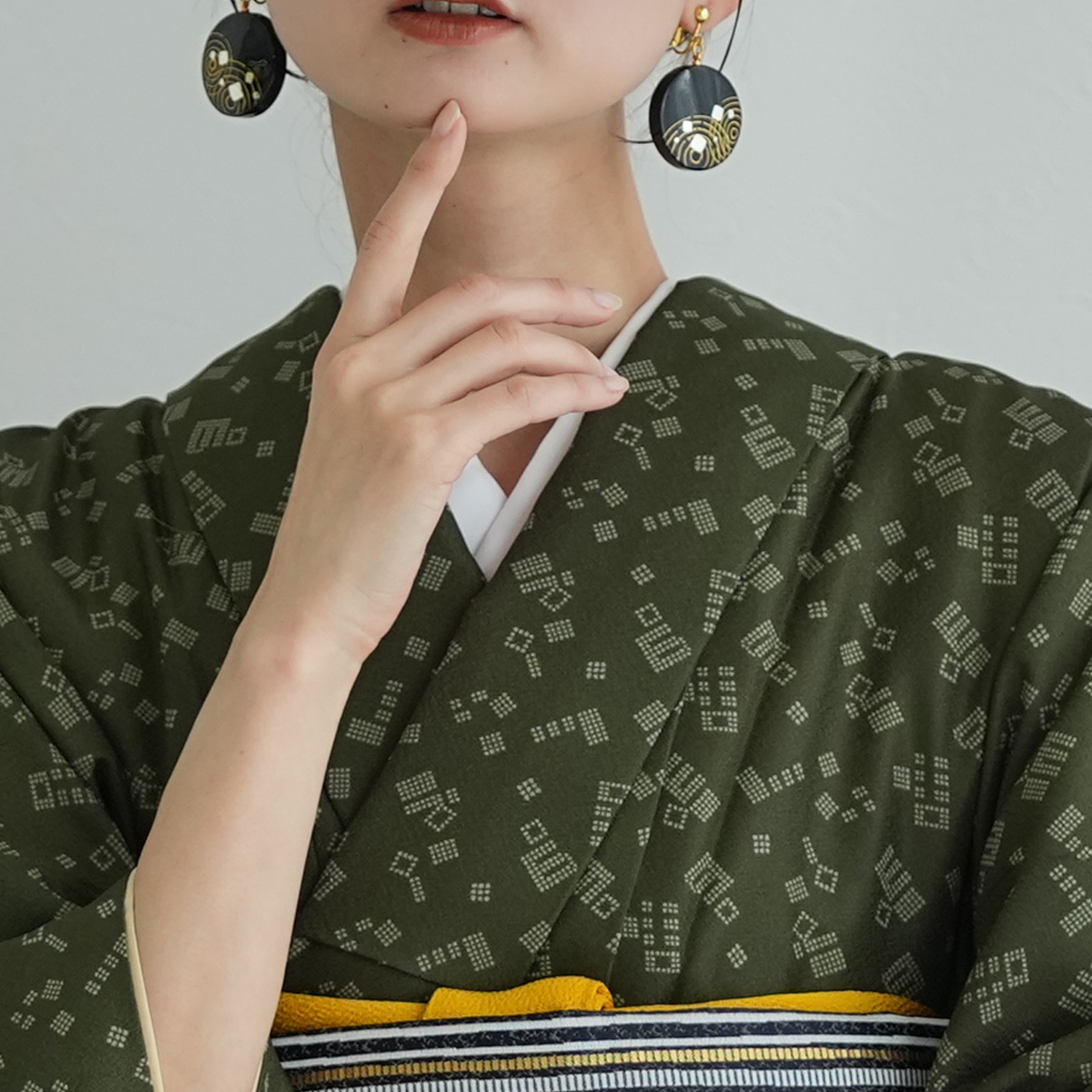 付下げ＊袷 小さめ 番傘模様 普段着物 緑 正絹 街着やお稽古着＊3SG18 着物 袷着物 緑の源氏香柄 洗える着物 きもの単品 街着 秋 冬