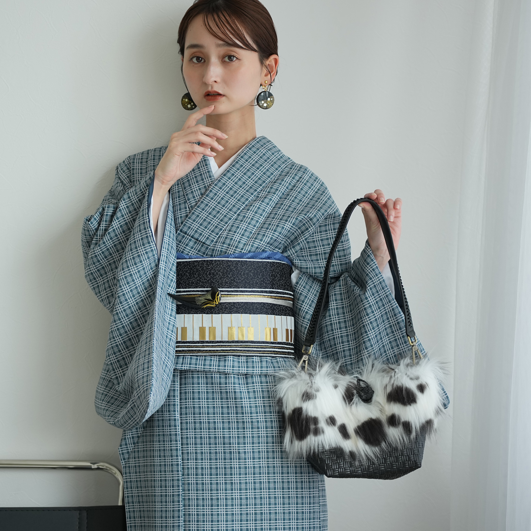 着物 袷着物 藍色のタータンチェック 洗える着物 きもの単品 秋 冬