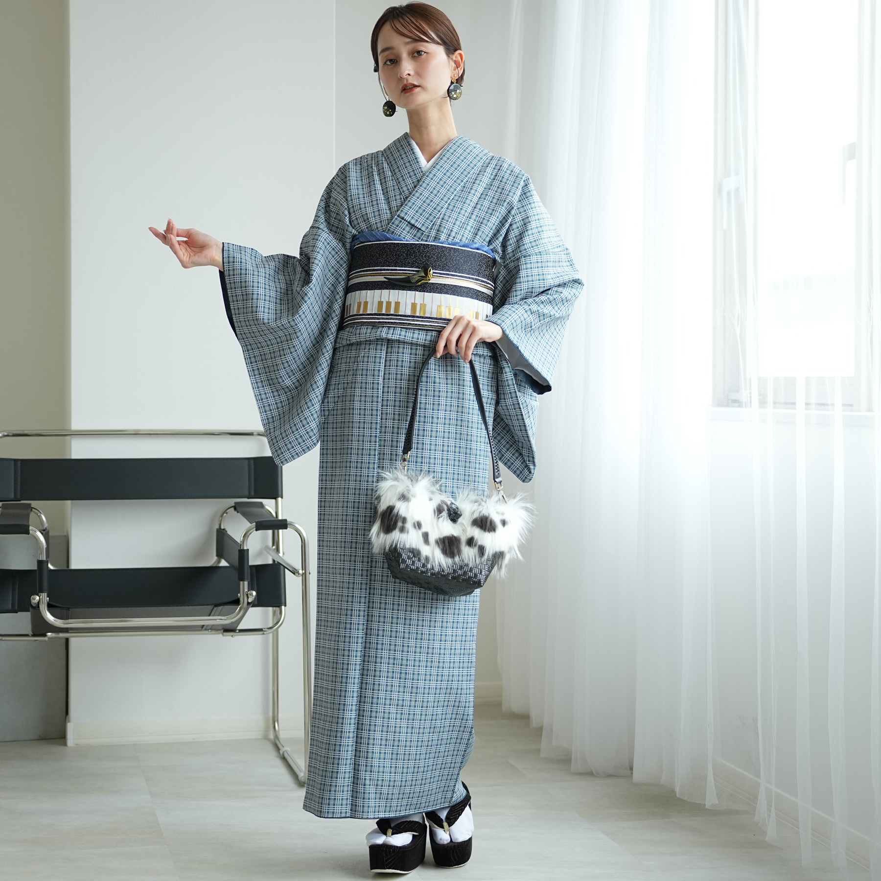 着物 袷着物 藍色のタータンチェック 洗える着物 きもの単品 秋 冬 