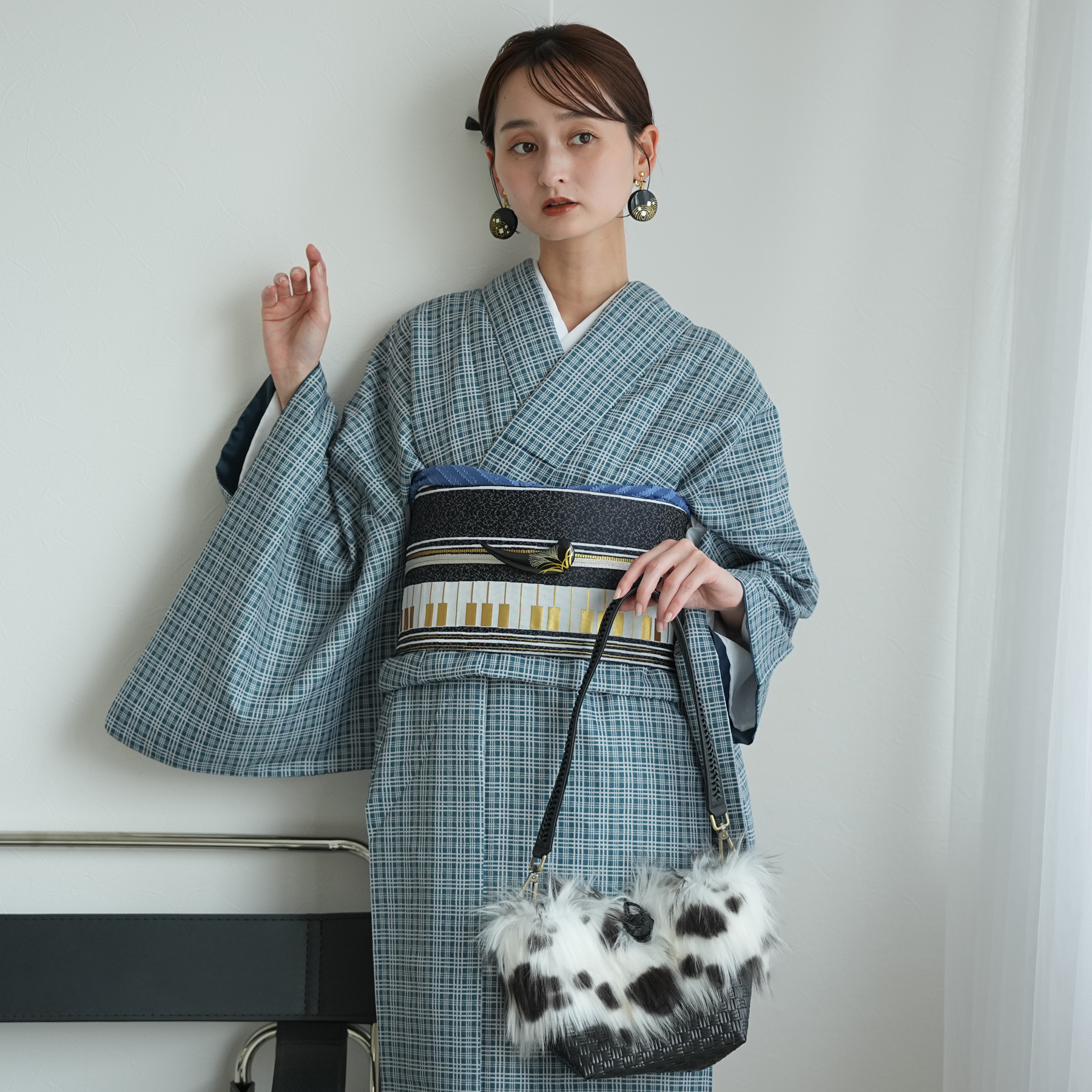 着物 袷着物 藍色のタータンチェック 洗える着物 きもの単品 秋 冬 