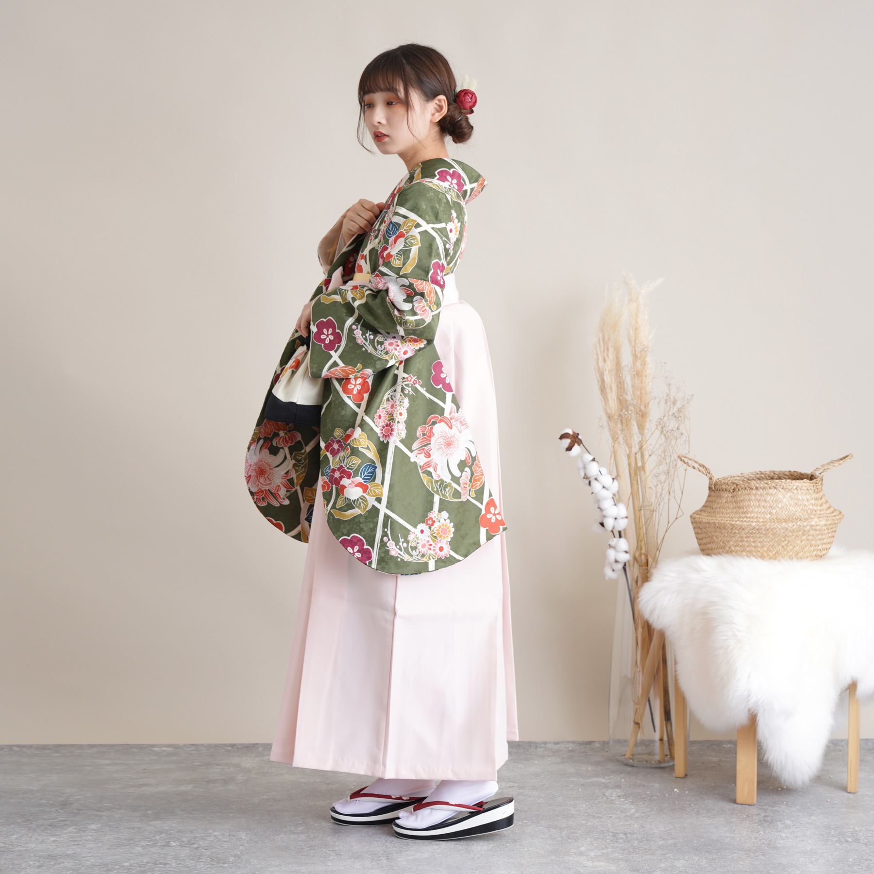 しつけ糸付新品【二尺袖着物単品】ひよこ商店洗える着物グリーン卒業式袴 袴用着物 中古 着物単品 販売 卒業式 リサイクル着物 二尺袖 着物のみ