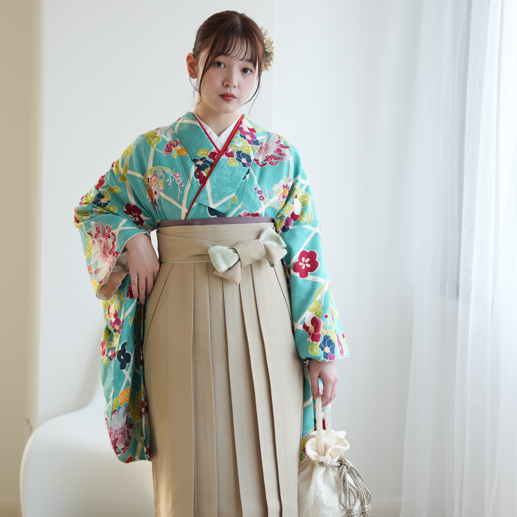 袴 中古 販売 卒業式 着物と袴の2点セット リサイクル着物セット 二尺 花柄袴二尺袖着物 中古 USED 袴用 短丈 きなり 椿 卒業式 ひよこ商店