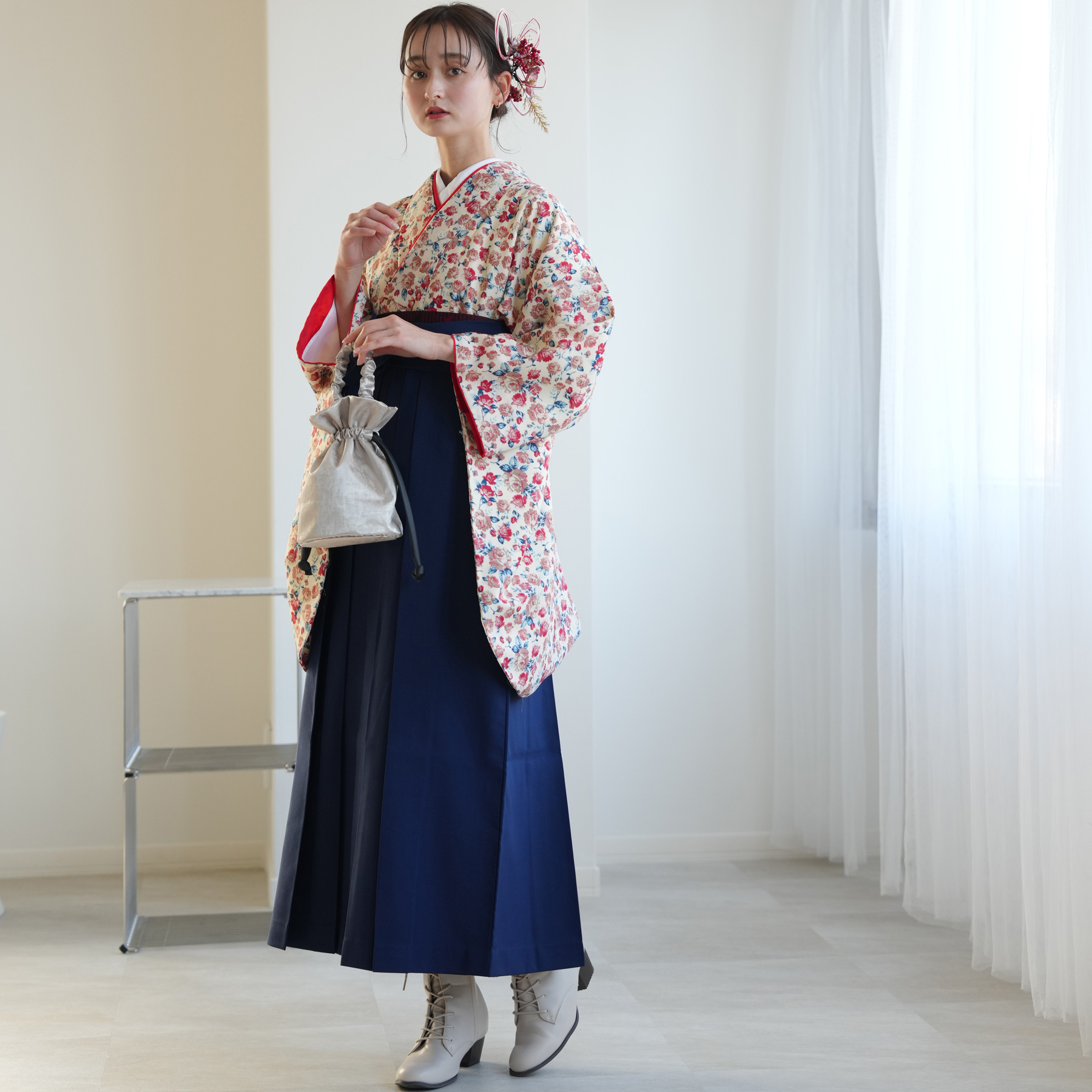 売却済み ちりめん二尺袖(短着)ユーズド美品・袴 袴 中古 販売 卒業式 着物と袴の2点セット リサイクル着物セット 二尺