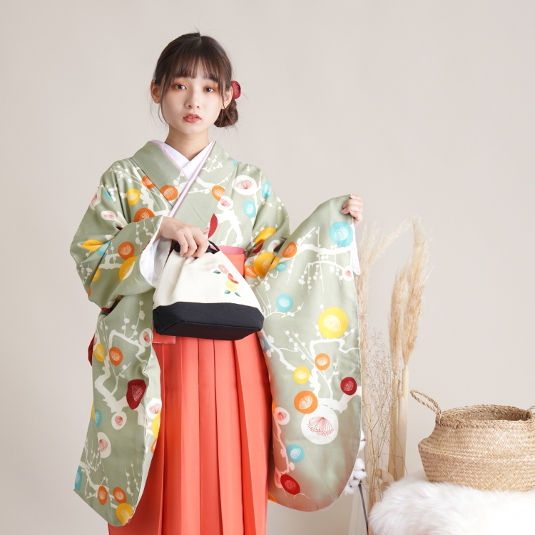 最大72％オフ！袴 中古 女性 リサイクル着物セット 2尺袖着物 袴 2点セット ひよこ商店 レトロ 袴セット 卒業式 梅 緑系