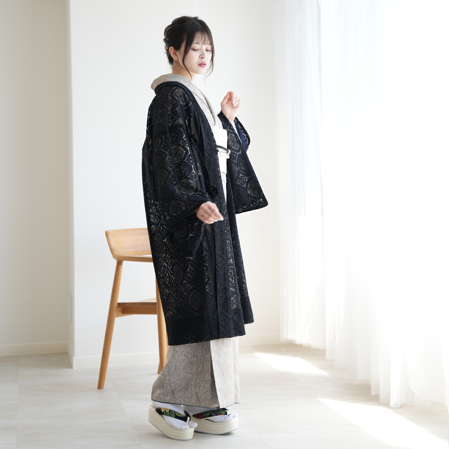 羽織 着物 レース ニコアンティーク ブラックの幾何学レース ジャ