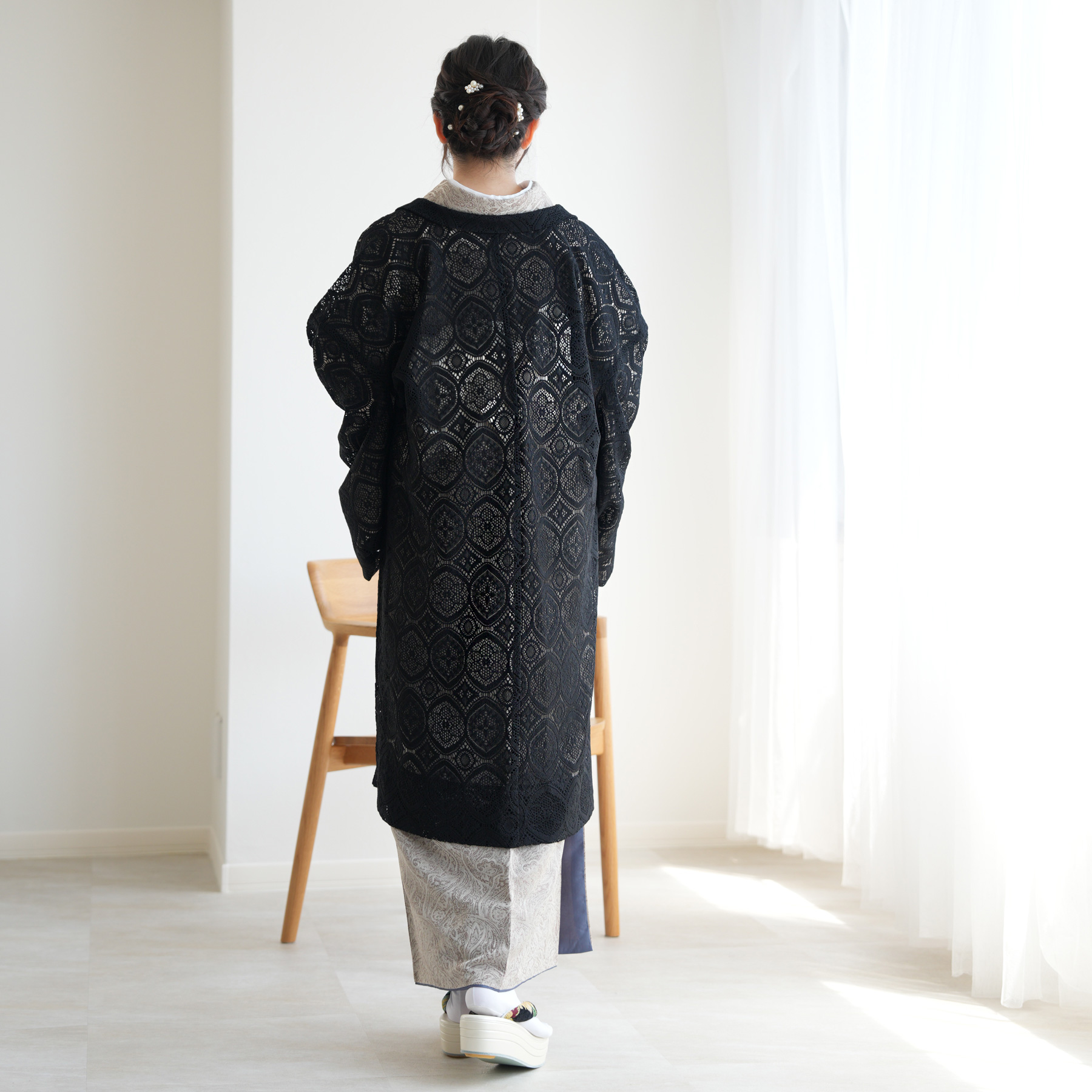 羽織 着物 レース ニコアンティーク ブラックの幾何学レース ジャ