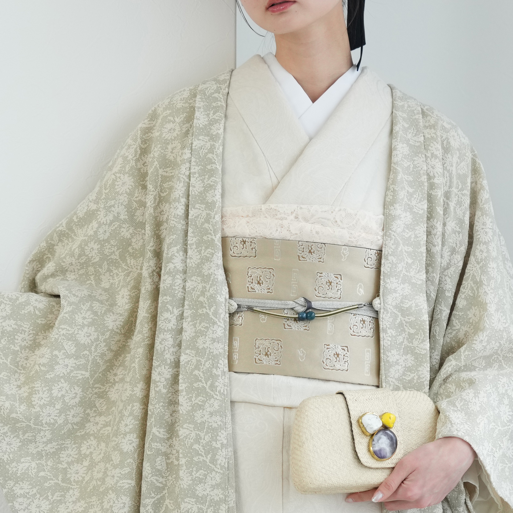 羽織 着物 薄羽織 ニコアンティーク モザイクフラワー ピスタチオ