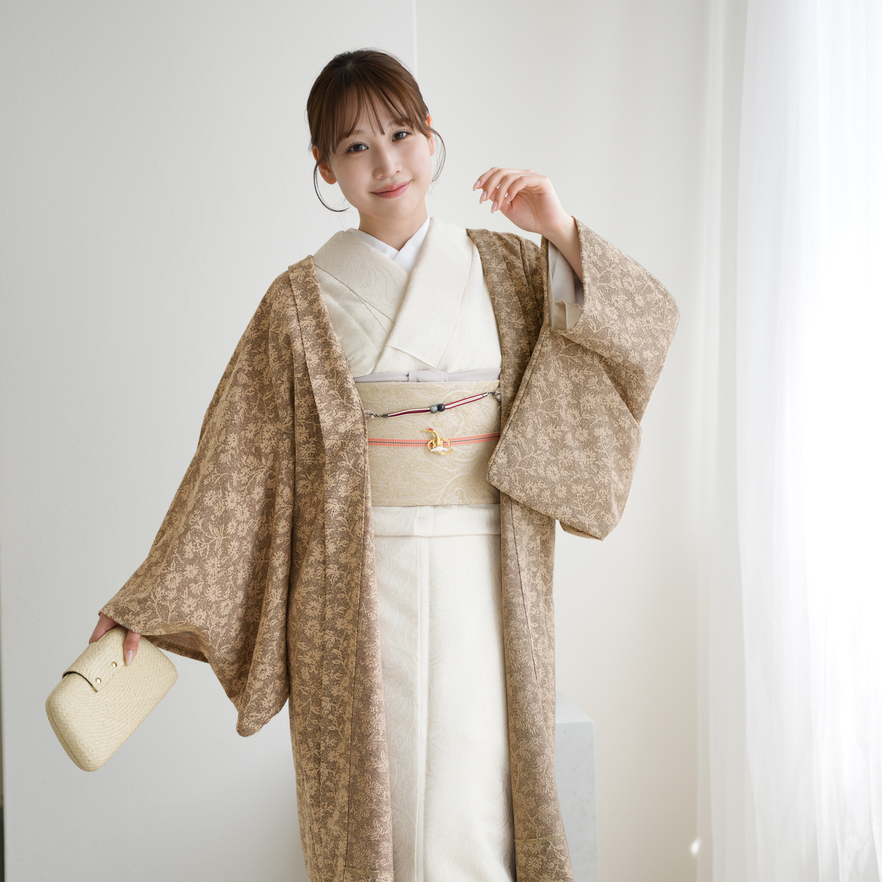 羽織 着物 薄羽織 ニコアンティーク モザイクフラワー チョコ