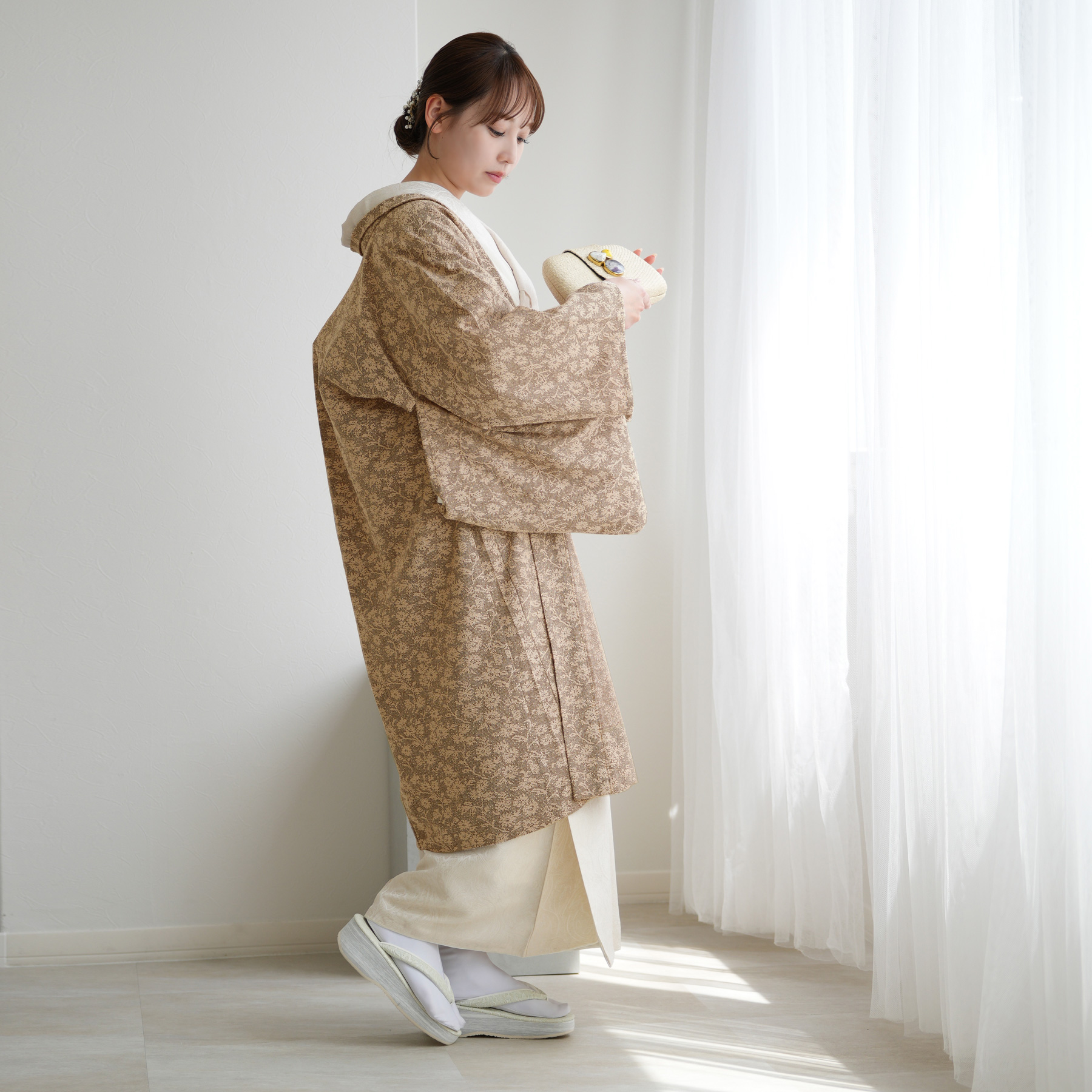 羽織 着物 薄羽織 ニコアンティーク モザイクフラワー チョコ