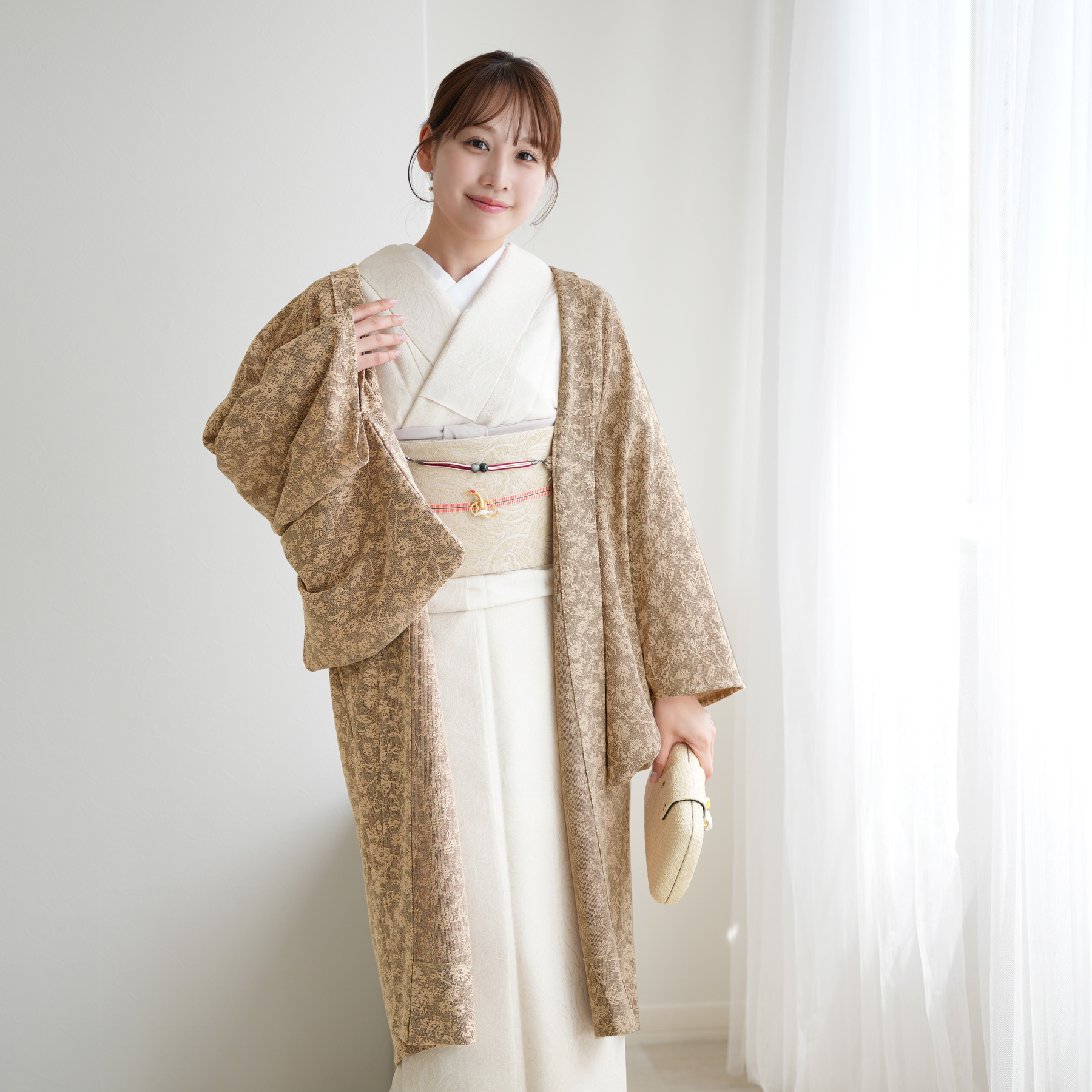 羽織 着物 薄羽織 ニコアンティーク モザイクフラワー チョコ