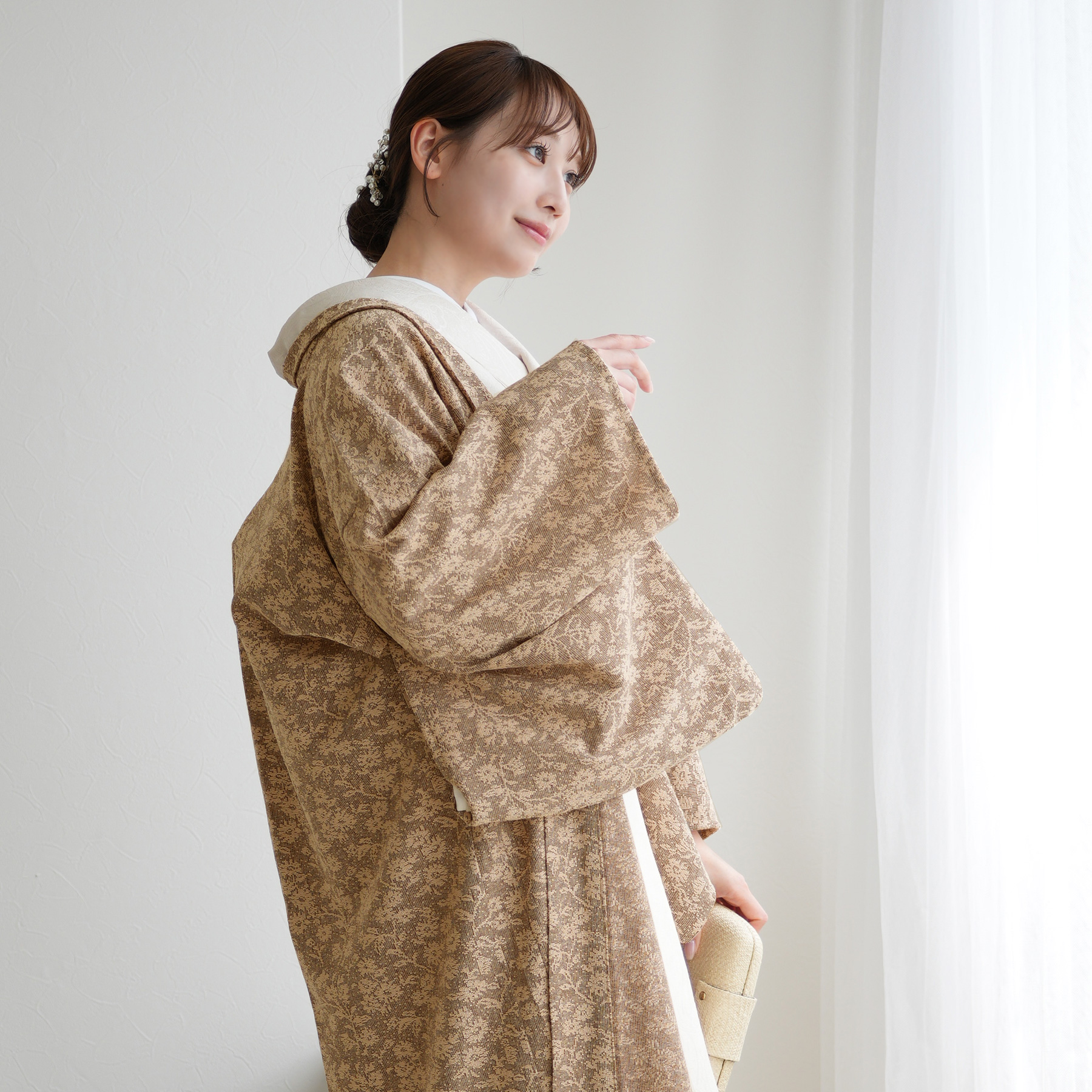 羽織 着物 薄羽織 ニコアンティーク モザイクフラワー チョコ
