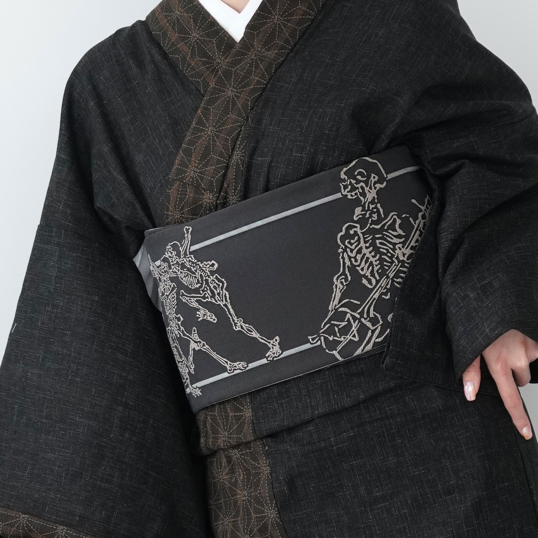半幅帯 リバーシブル ニコアンティーク 帯単品 細帯 骸骨ROCK 浴衣