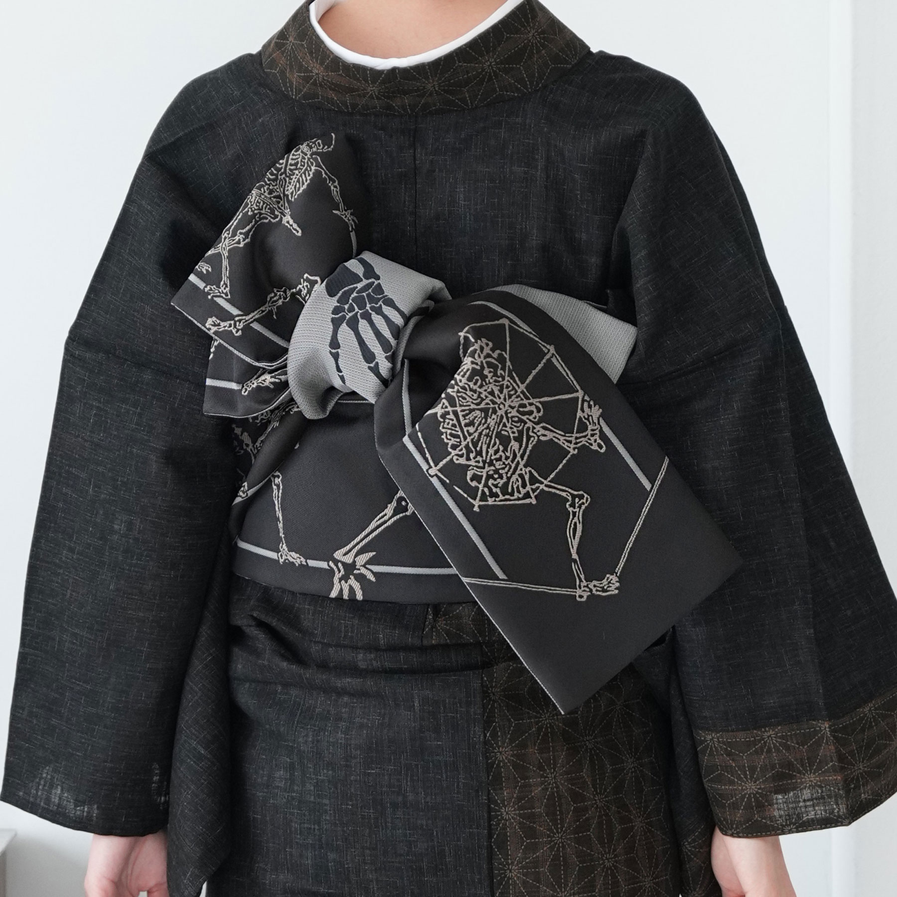 半幅帯 リバーシブル ニコアンティーク 帯単品 細帯 骸骨ROCK 浴衣