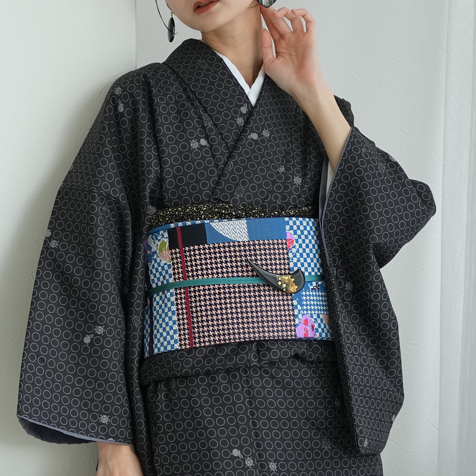 帯 半幅帯 単品 ニコアンティーク 蒼幾何ノ華 数量限定 着物 小紋 市松