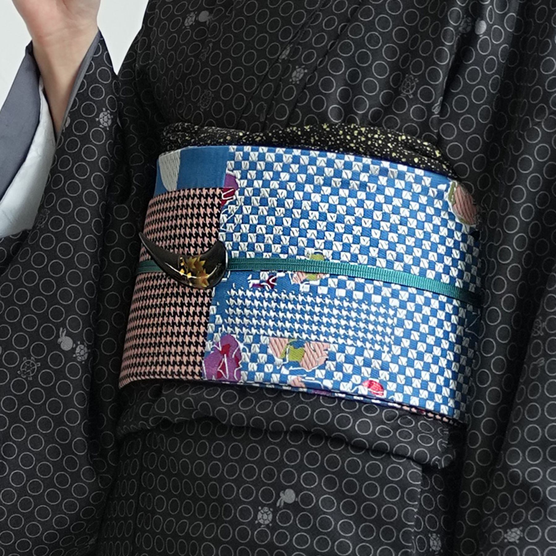 帯 半幅帯 単品 ニコアンティーク 蒼幾何ノ華 数量限定 着物 小紋 市松
