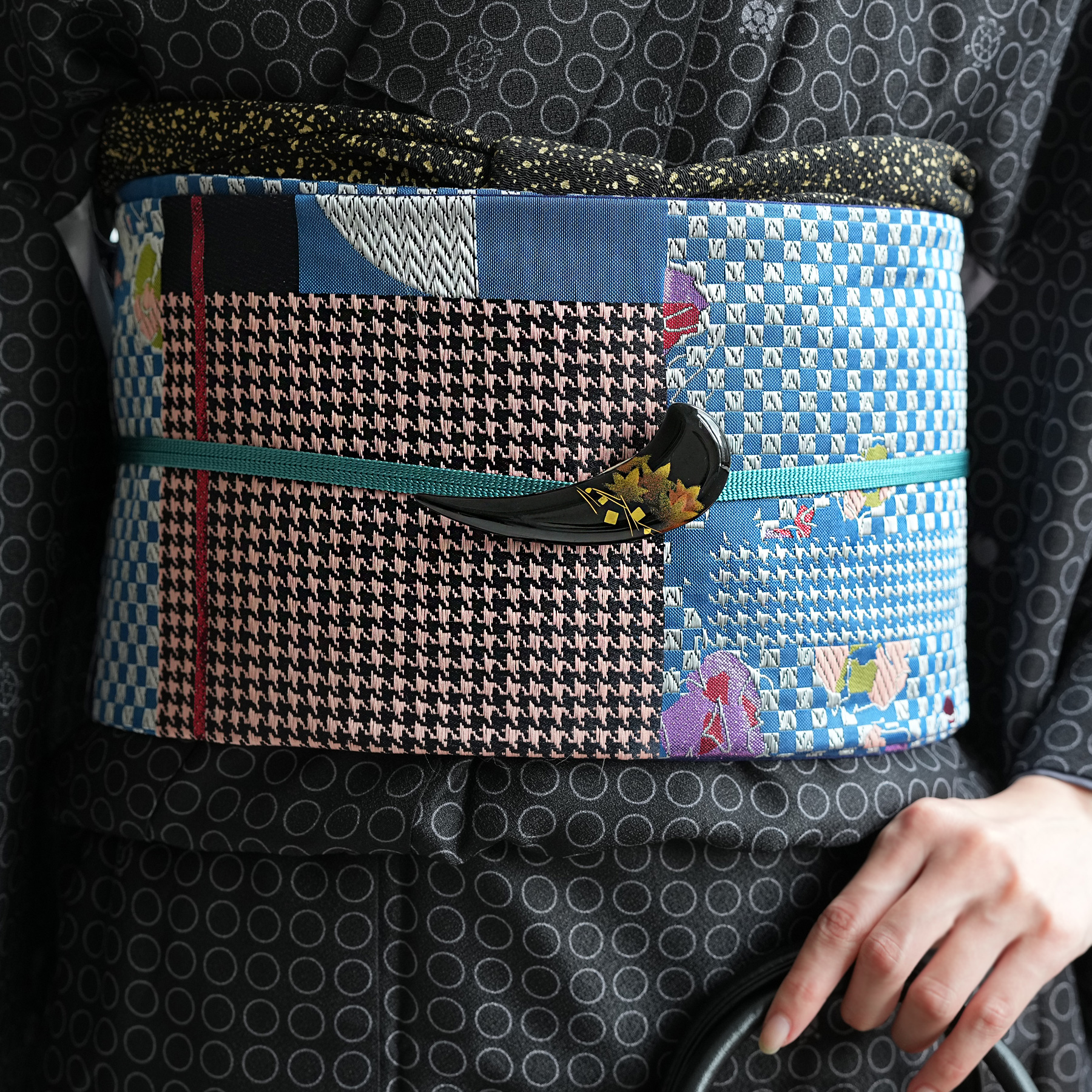 帯 半幅帯 単品 ニコアンティーク 蒼幾何ノ華 数量限定 着物 小紋 市松
