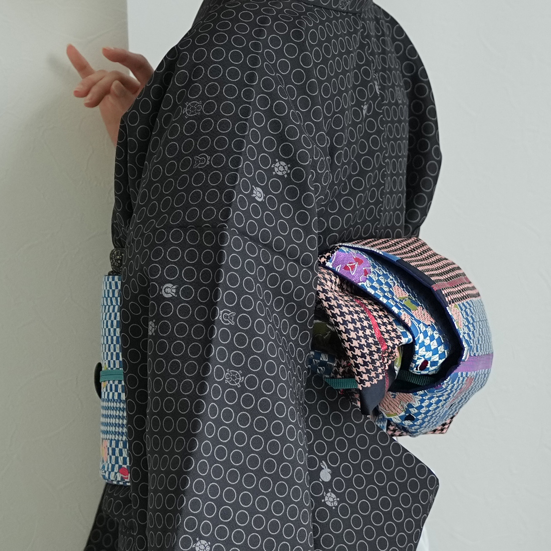 帯 半幅帯 単品 ニコアンティーク 蒼幾何ノ華 数量限定 着物 小紋 市松