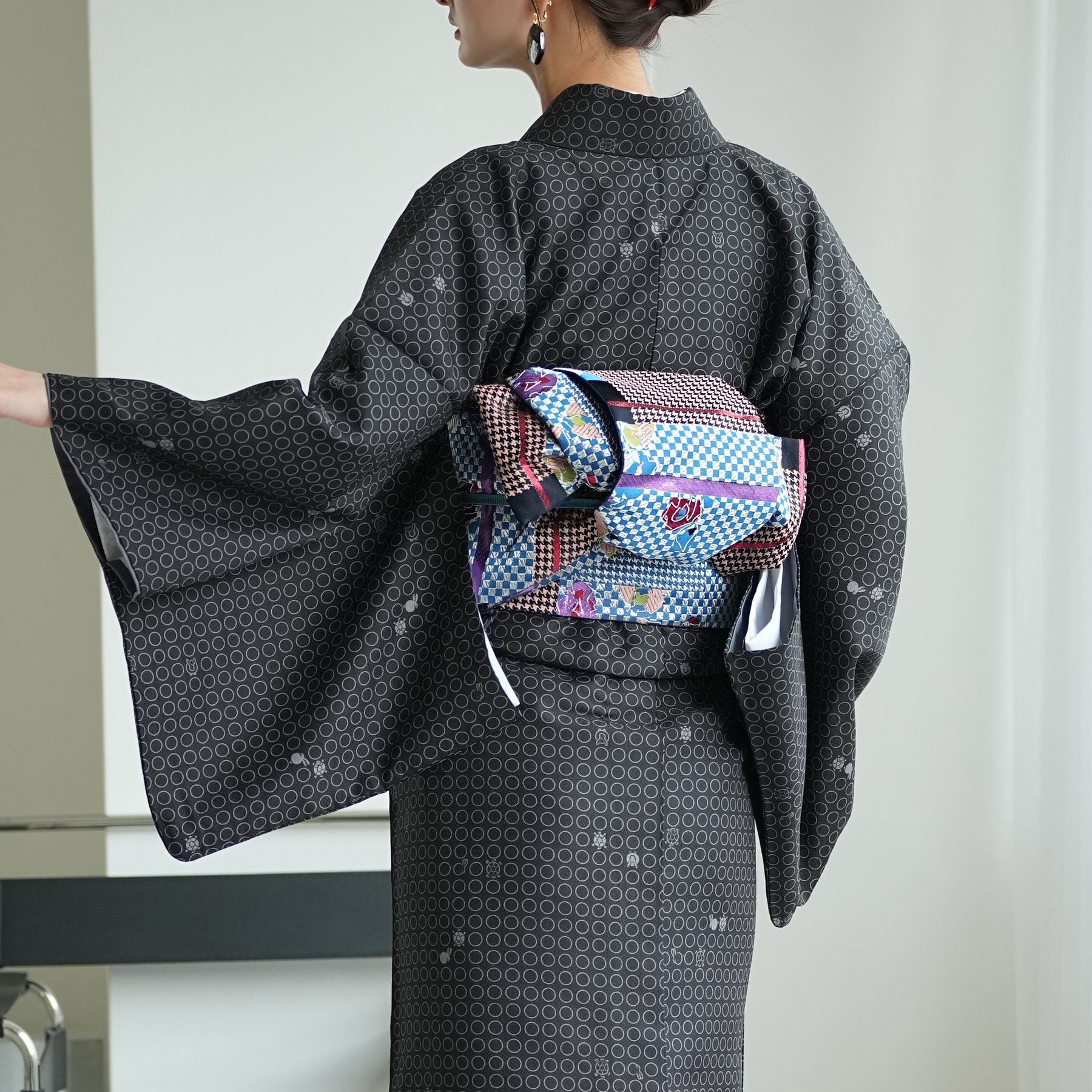 帯 半幅帯 単品 ニコアンティーク 蒼幾何ノ華 数量限定 着物 小紋 市松