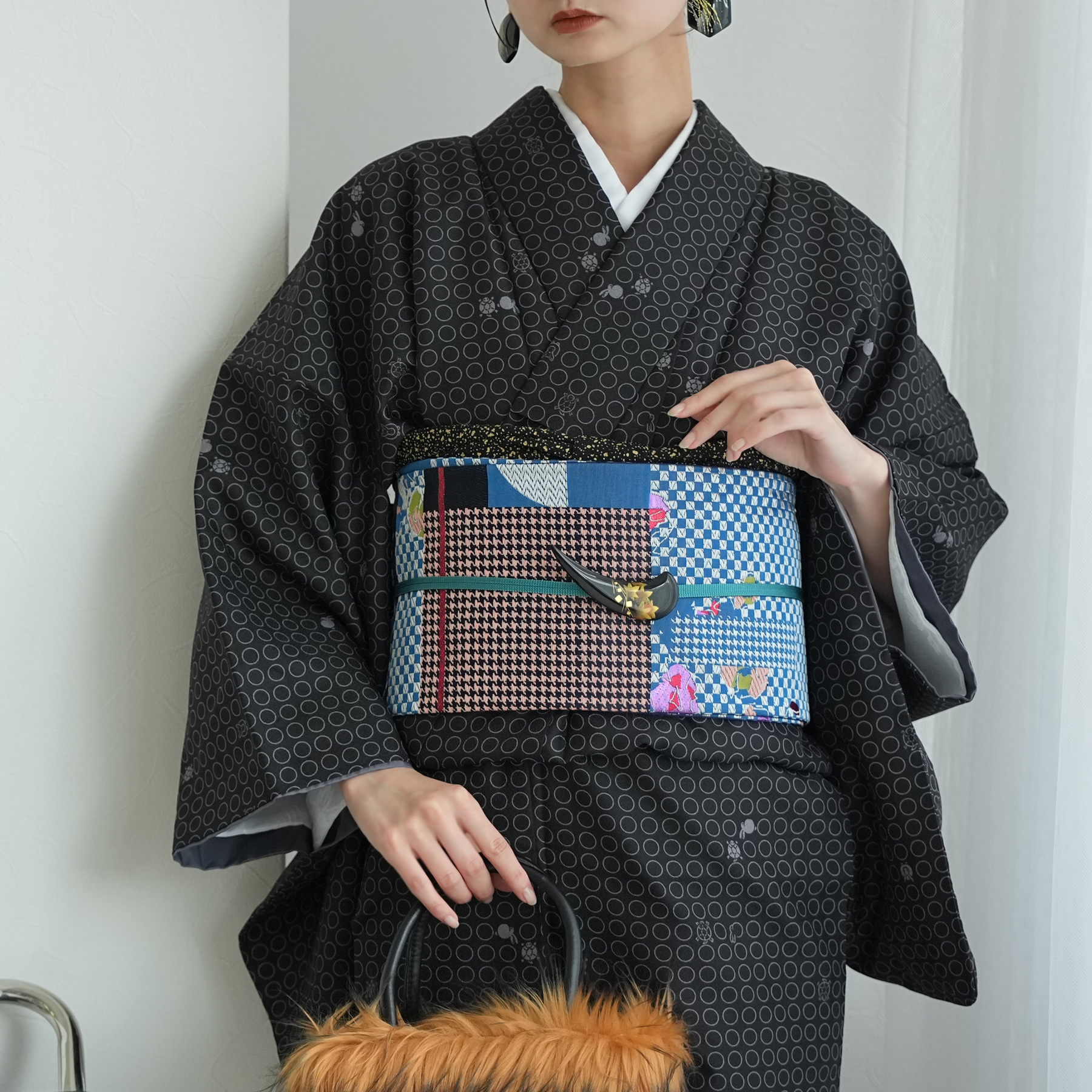 帯 半幅帯 単品 ニコアンティーク 蒼幾何ノ華 数量限定 着物 小紋 市松
