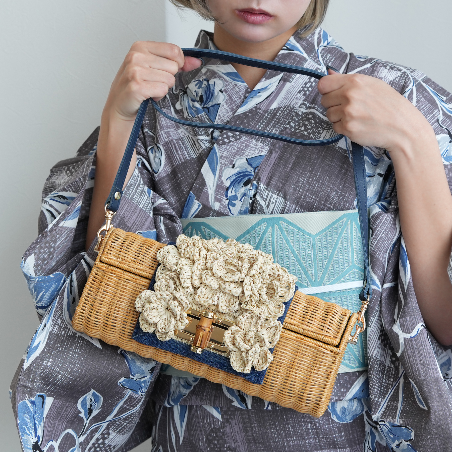 カゴバッグ utatane 籐カゴバッグ バンブー かぎ針編みフラワー