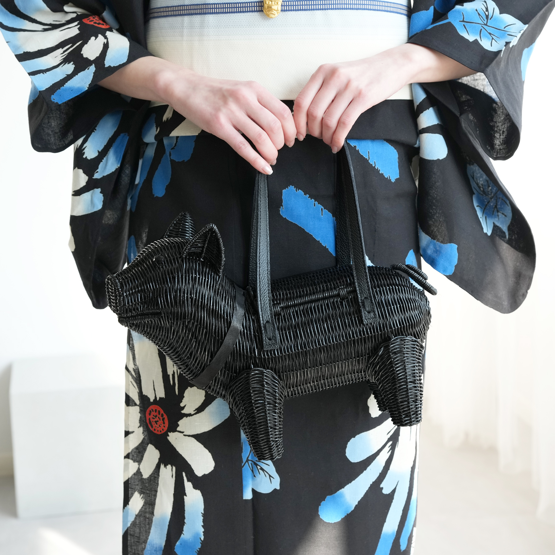 utatane カゴバッグ 籐カゴバッグ 黒ぶた 牛革ハンドル ブタ black