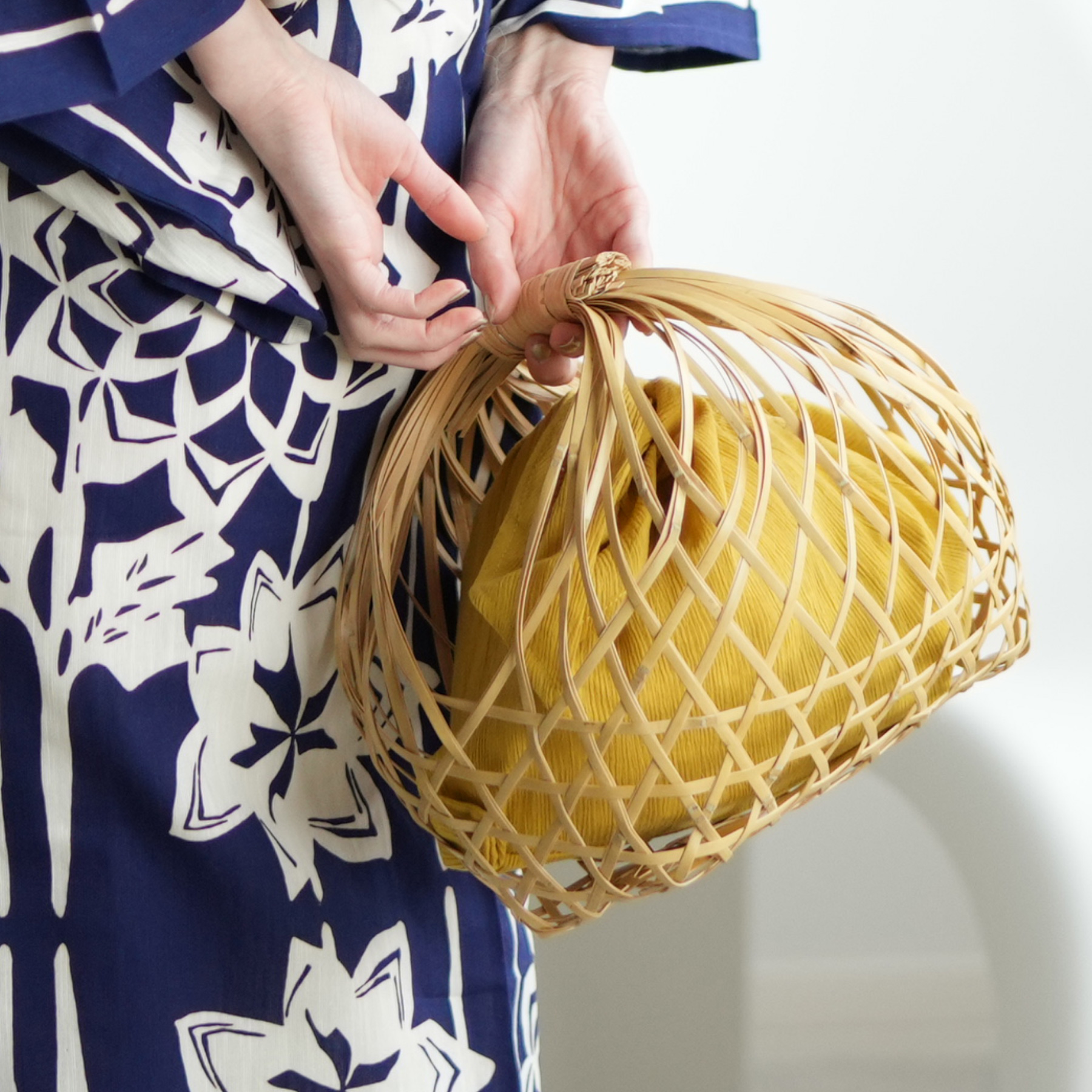 utatane カゴバッグ 竹 浴衣 竹かごバッグ+日本製生地あずま袋セット
