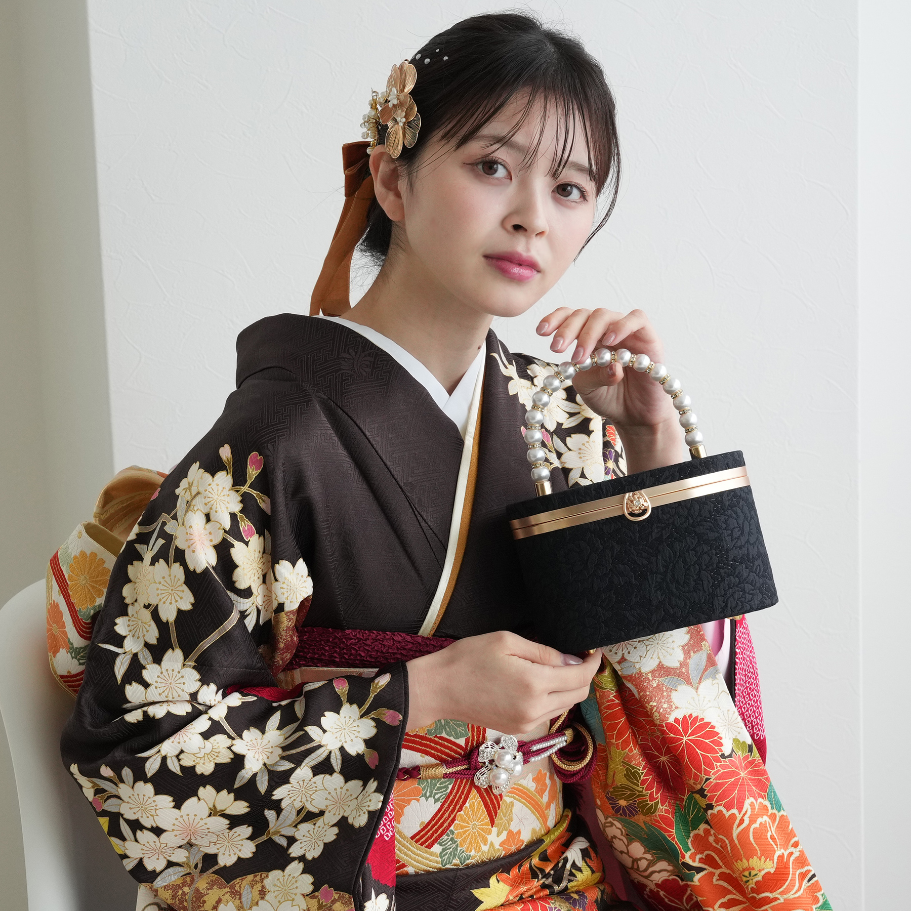 バッグ 成人式 ジャガード パールハンドル ジュエリーボックスとしても