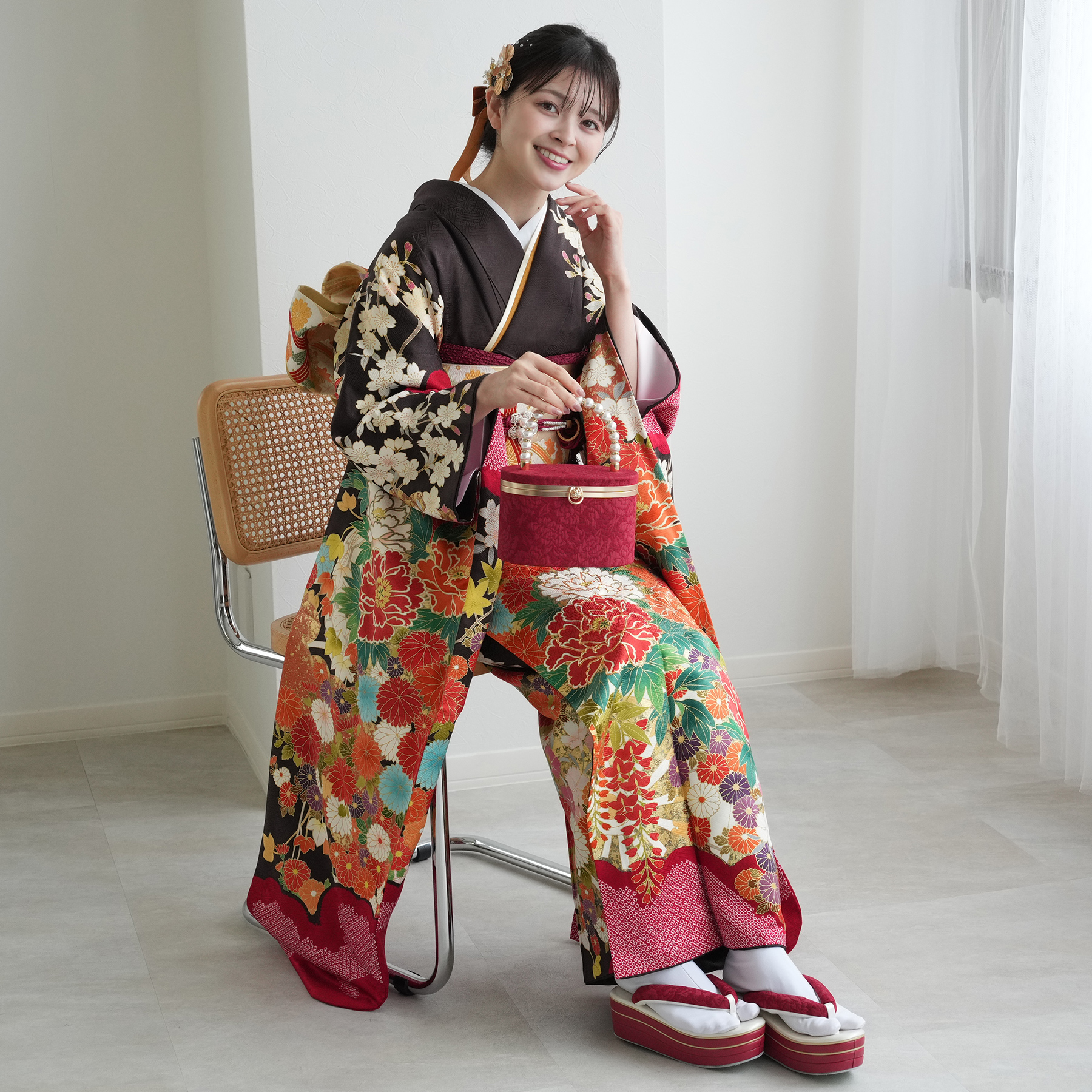 バッグ 成人式 ジャガード パールハンドル ジュエリーボックスとしても