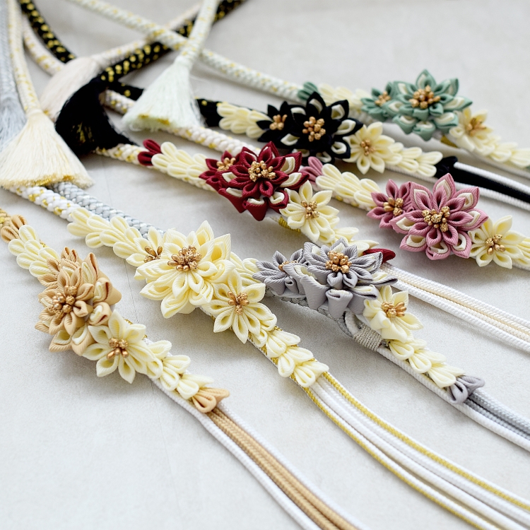 帯締め 振袖 正絹 成人式 レトロ 花 日本製 くすみカラー つまみ細工