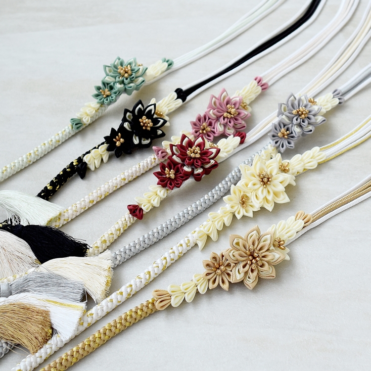 帯締め 振袖 正絹 成人式 レトロ 花 日本製 くすみカラー つまみ細工